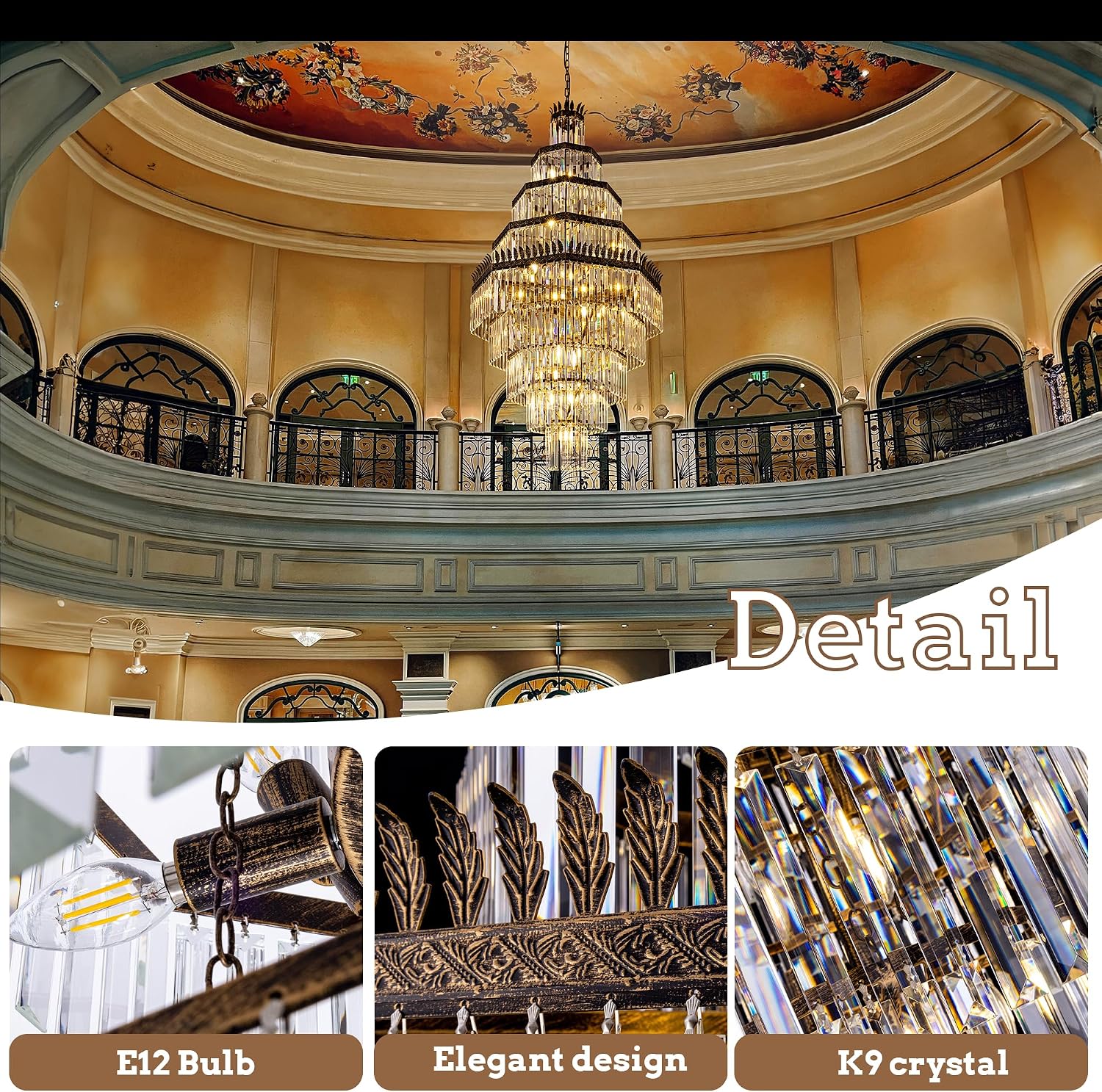 Tochic 63'' Long Crystal Chandelier for High Ceiling, 9-Tier Modern Farmhouse Staircase Chandelier Vintage Antique Bronze Foyer Chandelier Luxury K9 Crystal Raindrop Light Fixture for Entryway Hallway