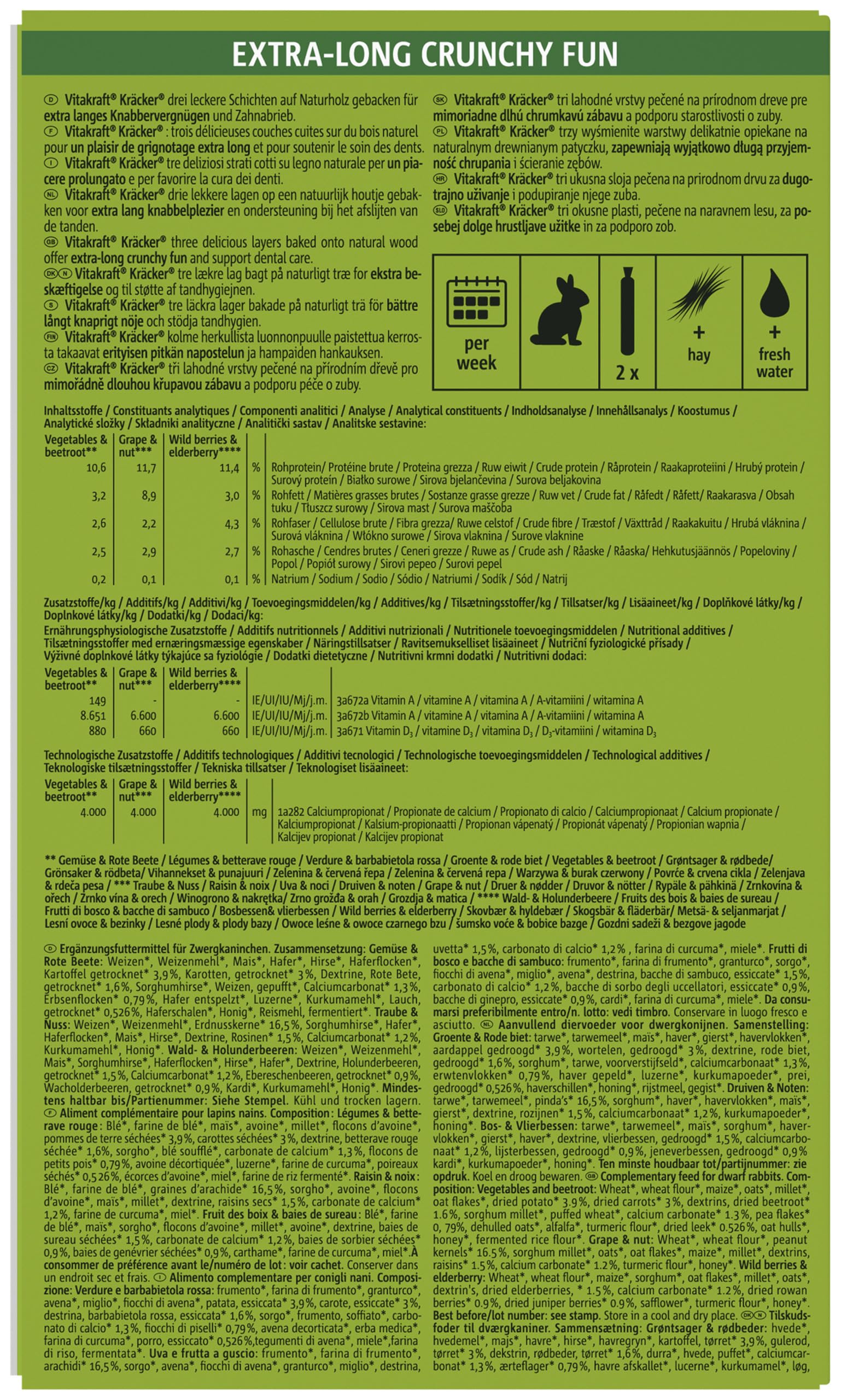 VITAKRAFT- Kräcker Mix, Snack Pour Rongeurs, Pour Lapins Nains, Aux Légumes Et Betterave Rouge, Au Raisin Et Aux Noix, Aux Baies Des Bois Et Sureau, Sans Ajout De Sucre Ni De Céréales (10X168G)