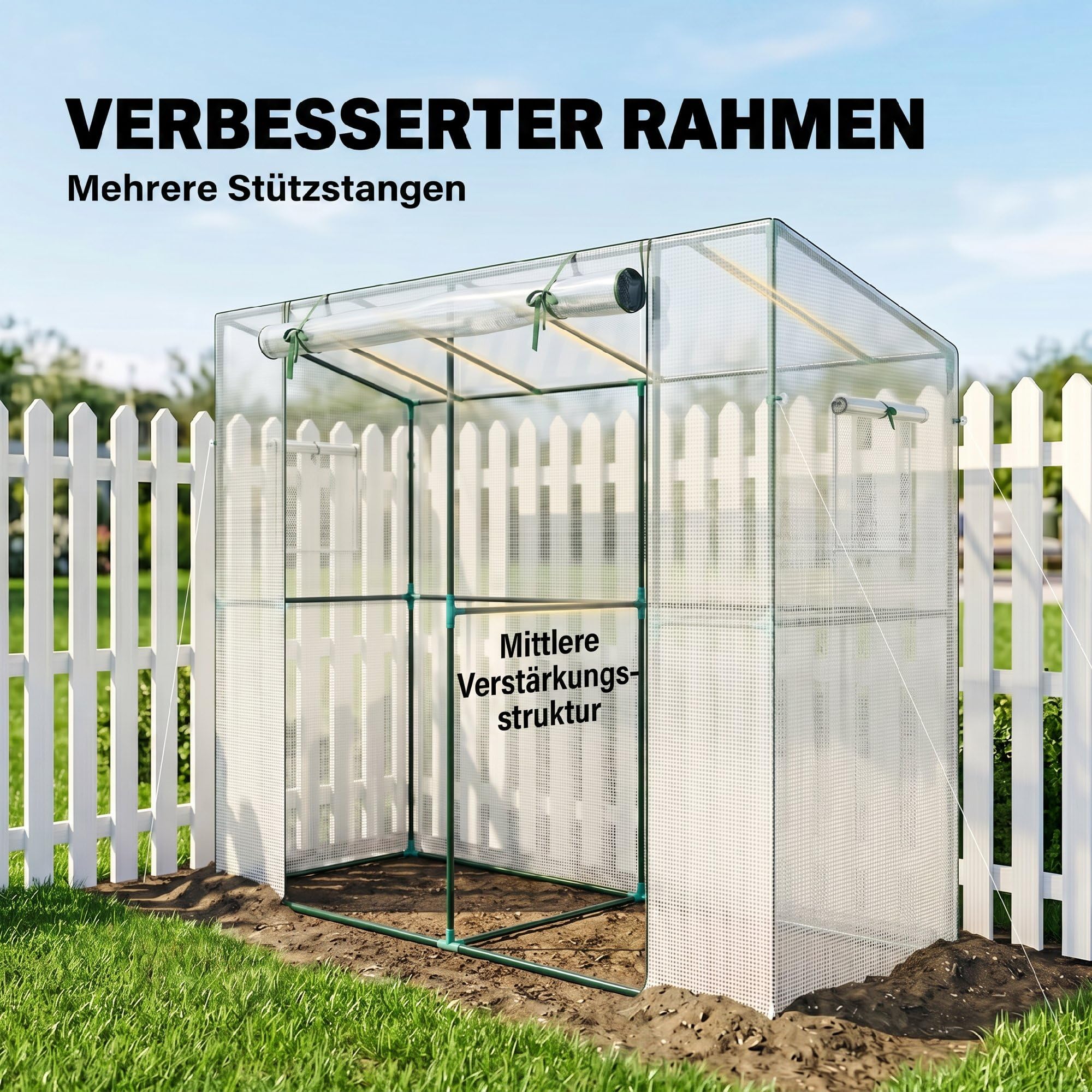 Outsunny Gewächshaus mit Rolltür 2 Fenster Winterfest 200x76x170cm Weiß | Foliengewächshaus aus Stahl, Treibhaus für Balkon Garten, Tomatenhaus mit UV Schutz, Tomatengewächshaus für Gemüse Blumen
