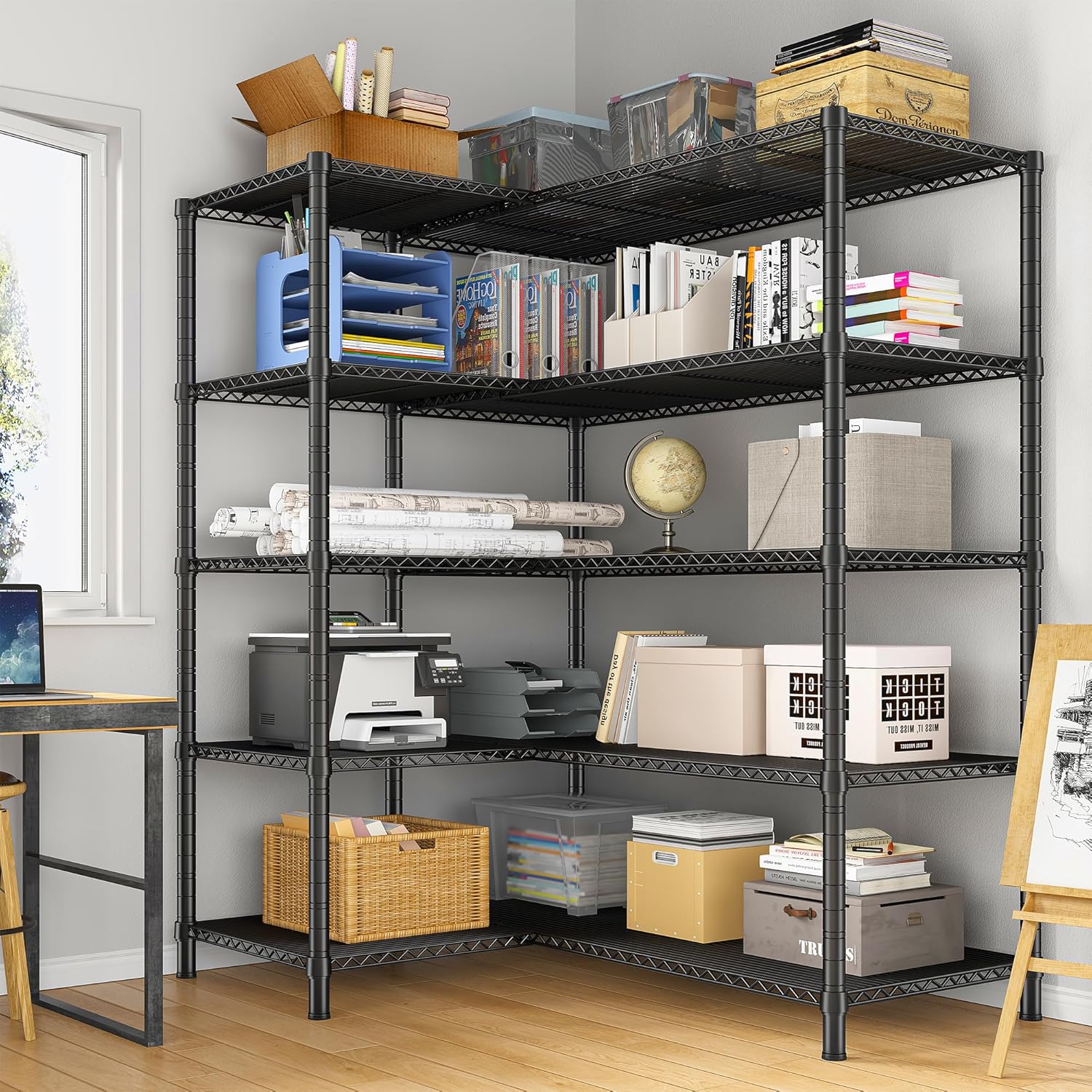 70.8H Wire Shelving Rack, 5Tier Metal Shelving Unit,1400LBS Heavy Duty Storage Shelves,Adjustable Pantry Shelves, Metal Shelf and Storage Rack,Industrial Shelving 52.36W x13.78Dx70.8H,Black