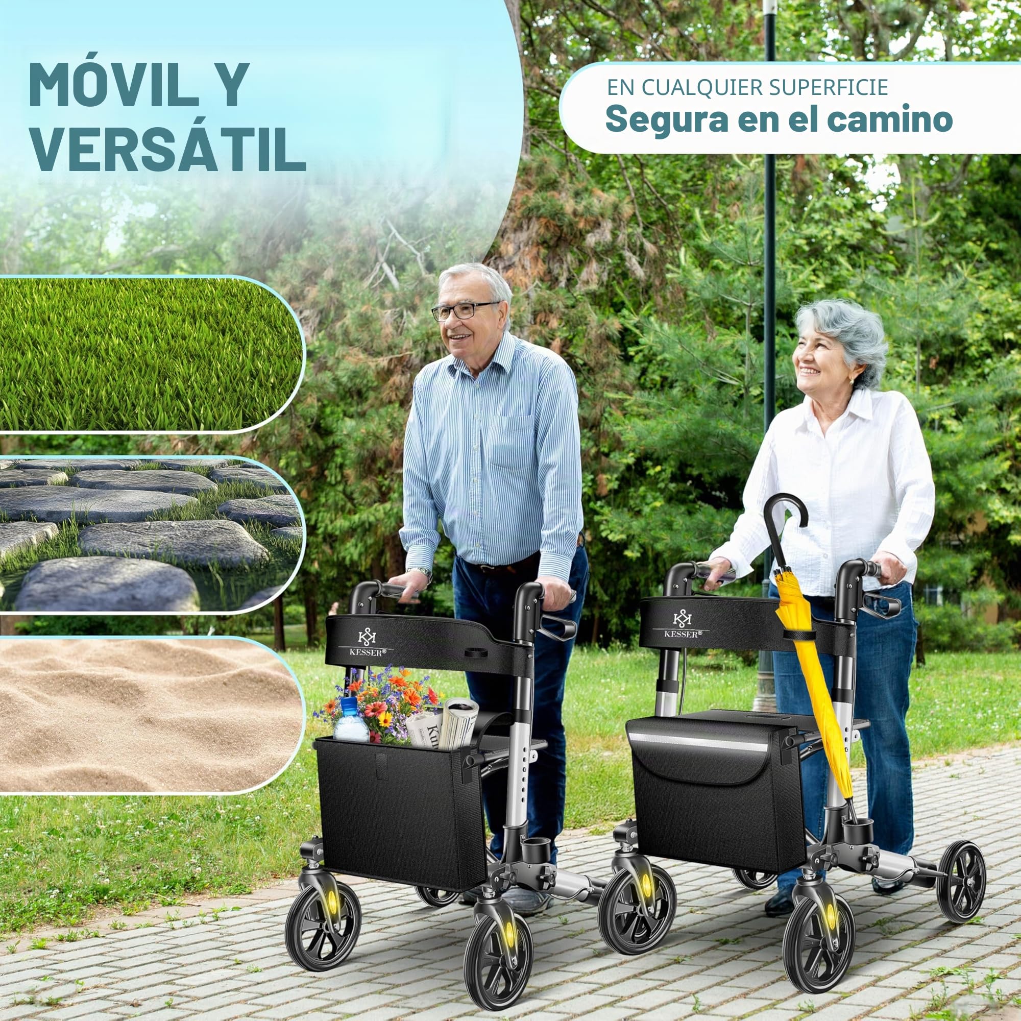 KESSER® Andador plegable con asiento y respaldo, 4 Ruedas/Frenos/Saco de Compra y Porta Bastón, Altura Ajustable 82-94cm, Andador, Carro, Rollator para Ancianos