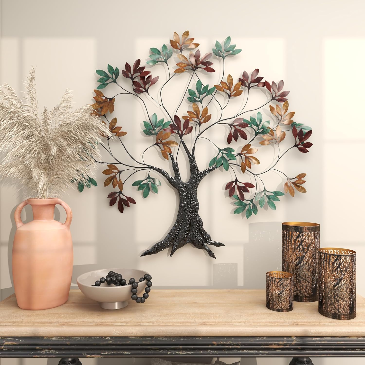 Deco 79 Metal Tree Home Wall Decor Wall Sculpture with Leaf Detail, Wall Art 47" x 2" x 42", Multi Colored