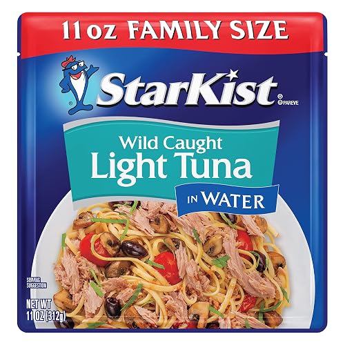 StarKist Chunk Light Tuna in Water, 11 oz Pouch (1 Pack) Ready to Eat Wild Caught Tuna, 19g Protein & 80 Calories Per Serving, Gluten Free, Soy Free, Kosher, Perfect for Meals and Snacks - Tuna in Water - 11 Ounce (Pack of 1)