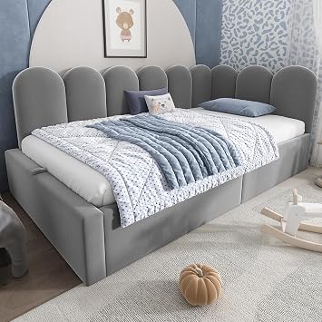 3ft Single Daybed with Hydraulic Storage, Upholstered Ottoman Bed with Metal Slats, Velvet Functional Gas Lift Up Storage Bed, Sofa Beds Guest Beds for Living Room and Bedroom, No Mattress, Grey