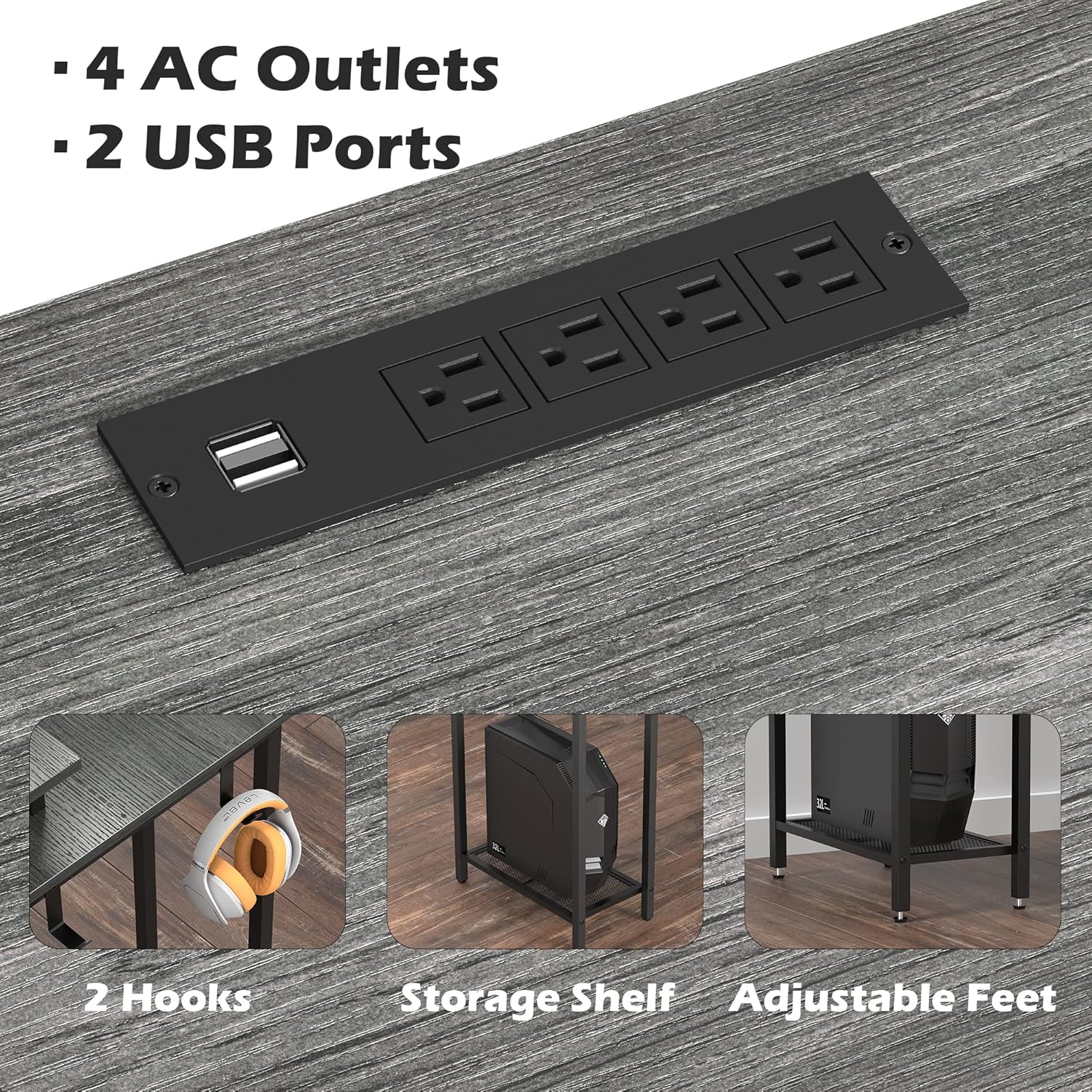 SUPERJARE L Shaped Gaming Desk with Power Outlets & LED Lights, Computer Desk with Monitor Stand & Storage Shelf, Home Office Desk Corner Desk with Hooks, Gray : Home & Kitchen