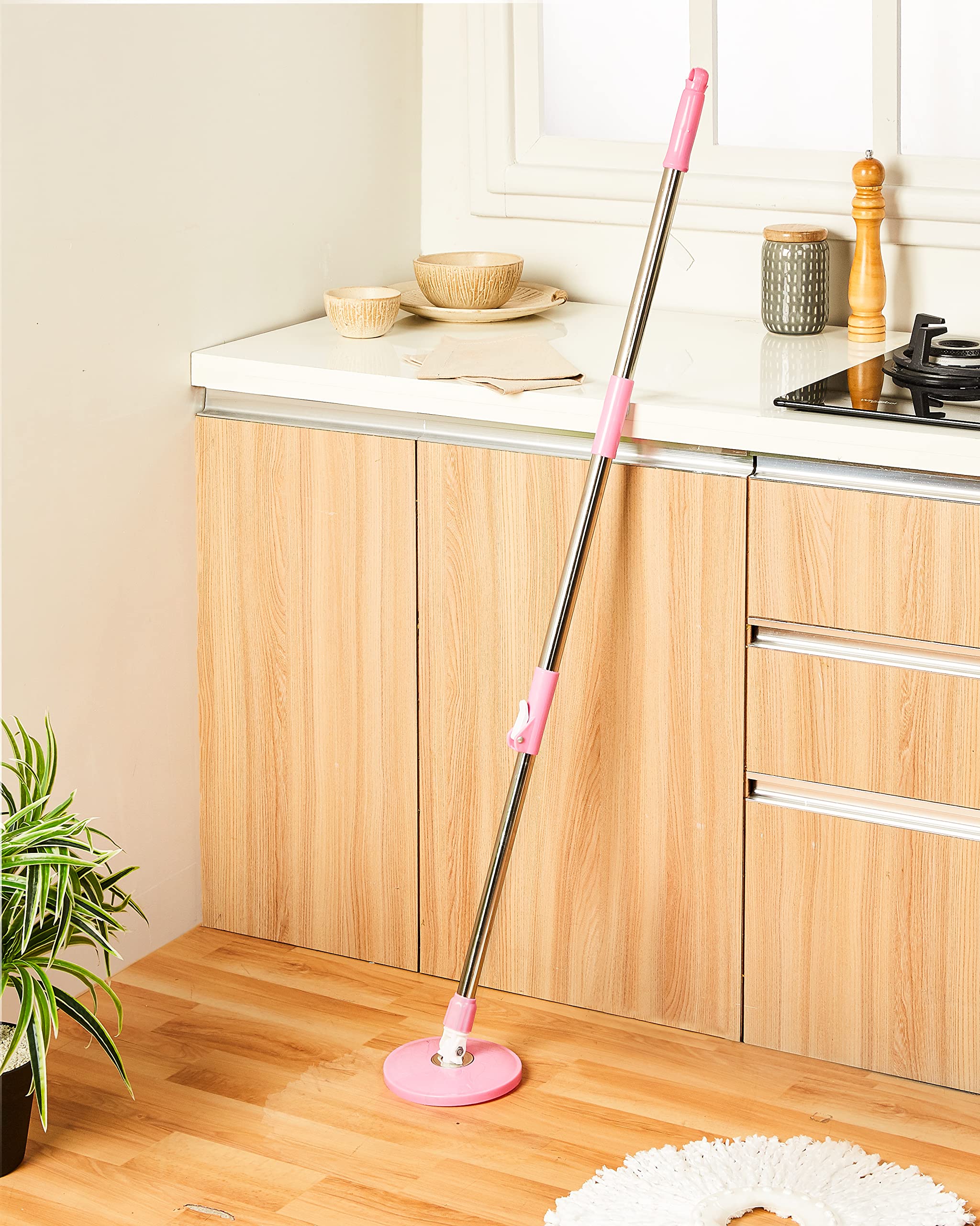 Amazon Brand - Presto! Spin Mop Stainless Steel Rod, Height-Adjustable, Lockable for Compact Storage (Pink) 3