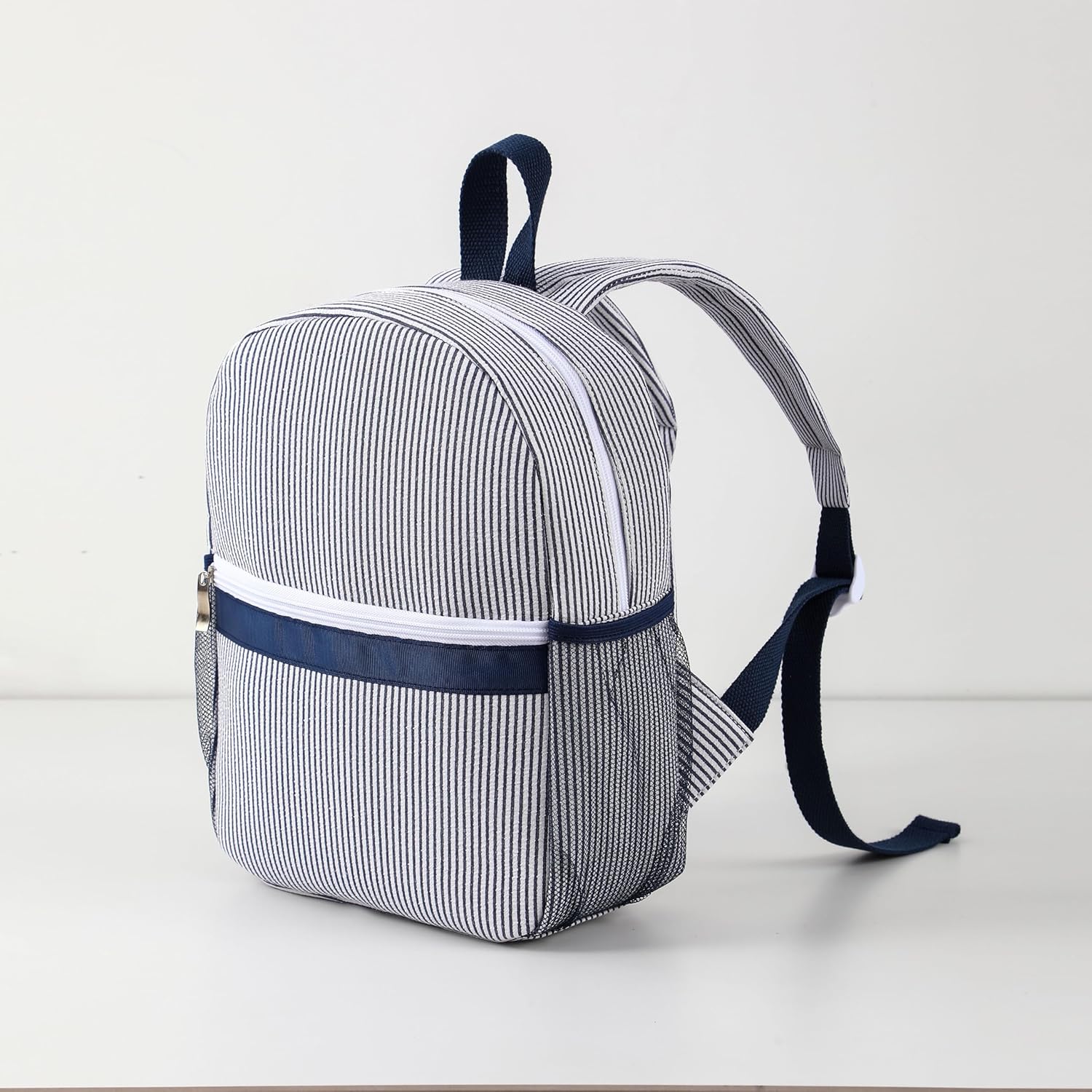 Custom Embroidered Toddler Seersucker Backpack | Personalized with Name | Back to School Gift for Kids (Navy)