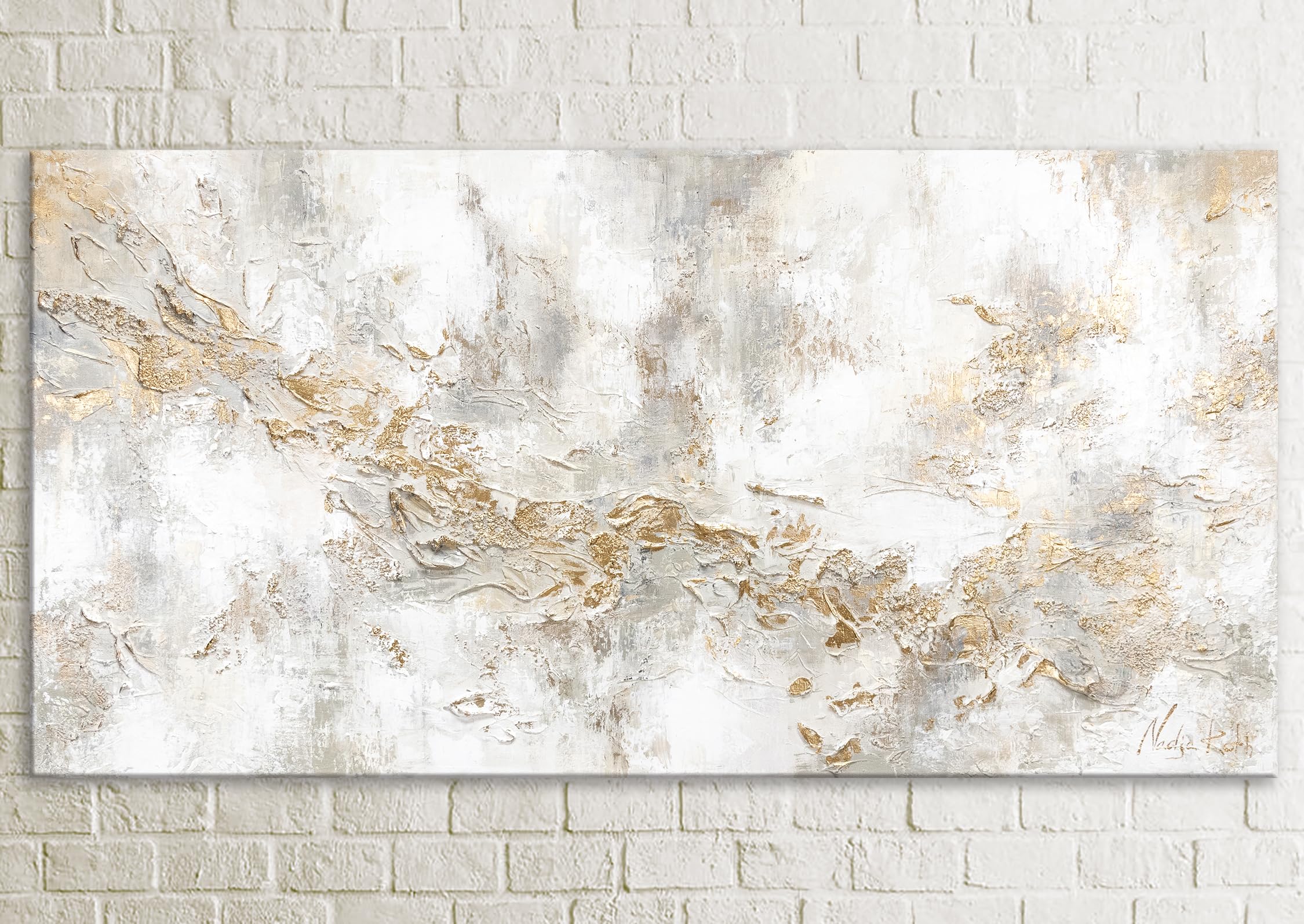 YS-Art Quadro Dipinto a Mano – Bianco Oro Lusso Astratto, Acrilico Moderno Materico su Tela, Decorazione Parete per Corridoio e Pranzo 100x50 cm