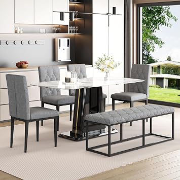 Dining Table Set for 6,Marble Dining Table Set with Bench,Rectangle Dining Table with 4 Upholstered Chairs & a Bench,63" Modern Style Dining Room Set