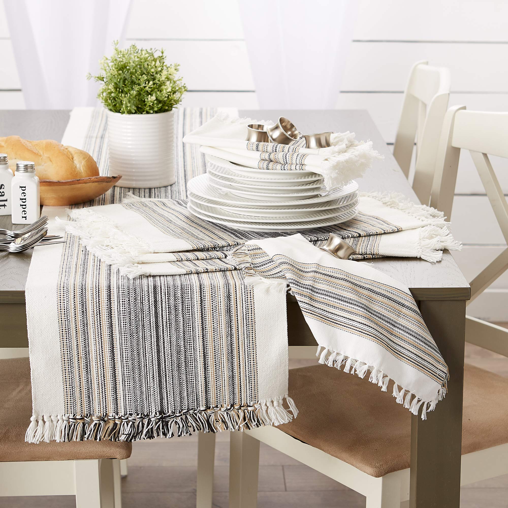 DII Fringed Stripe Tabletop, Table Runner, Cotton, Black, 14x108, 14x108" - Image 4