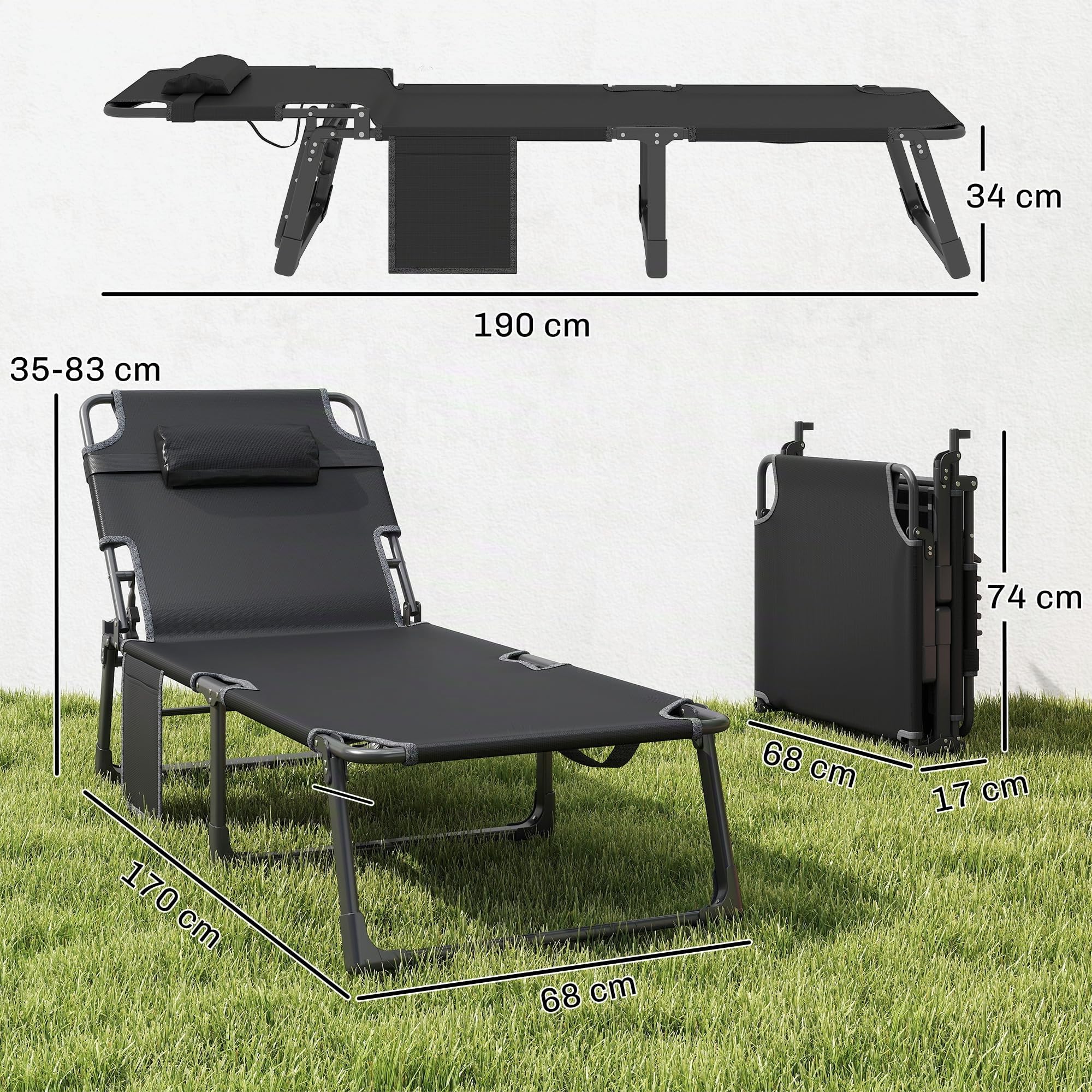 Outsunny Set de 2 Tumbonas Jardín Exterior Plegables Cojines Azul | Respaldo Reclinable 5 Posiciones, Asiento Extra Ancho de Textilene, Bolsillo Lateral, Reposacabezas, para Playa