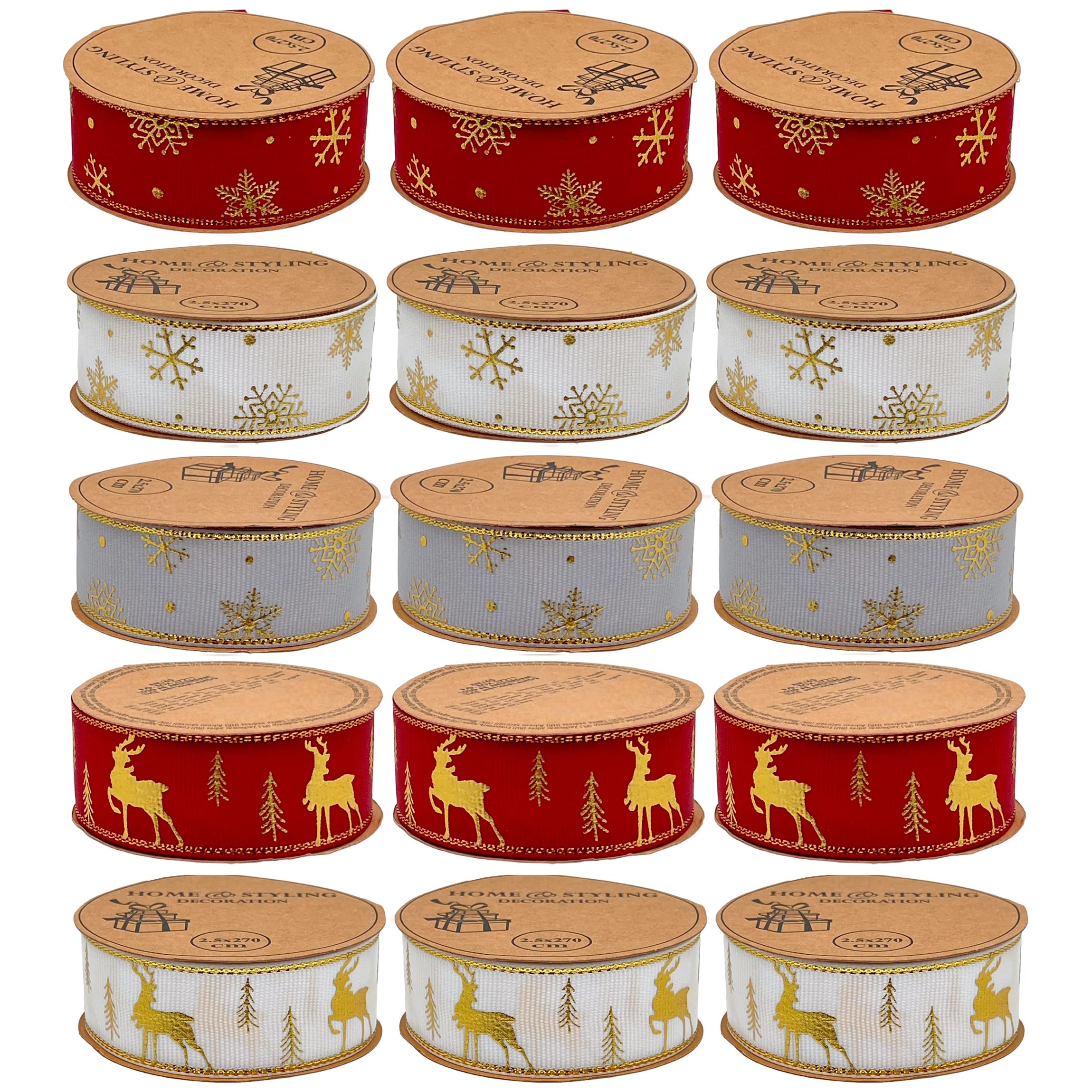 Lot de 15 rubans cadeaux de Noël en tissu, ruban d'emballage en satin de polyester pour décoration, emballage cadeau, bricolage, ruban cadeau de Noël 15 x 270 cm (total 40,5 m)