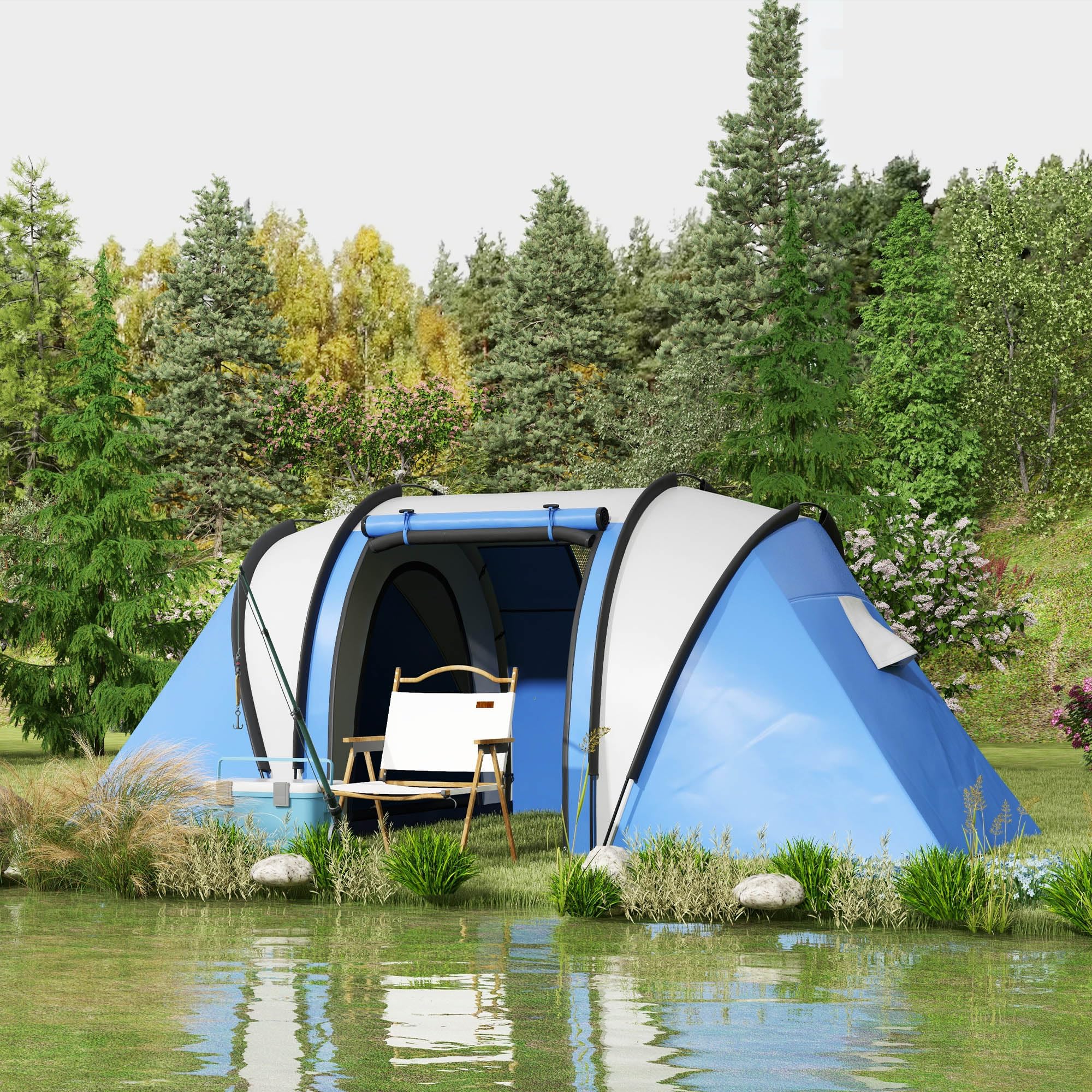 Outsunny Tienda de Campaña Familiar para 4-5 Personas Tienda de Acampada de Túnel Impermeable 3000 mm con 2 Dormitorios Bolsa de Transporte y Gancho para Pescar Senderismo