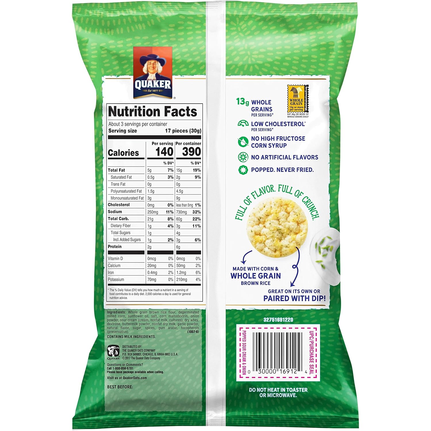 Quaker Rice Crisps, Sour Cream & Onion, 3.03 oz Bags, 12 Count (Packaging May Vary)