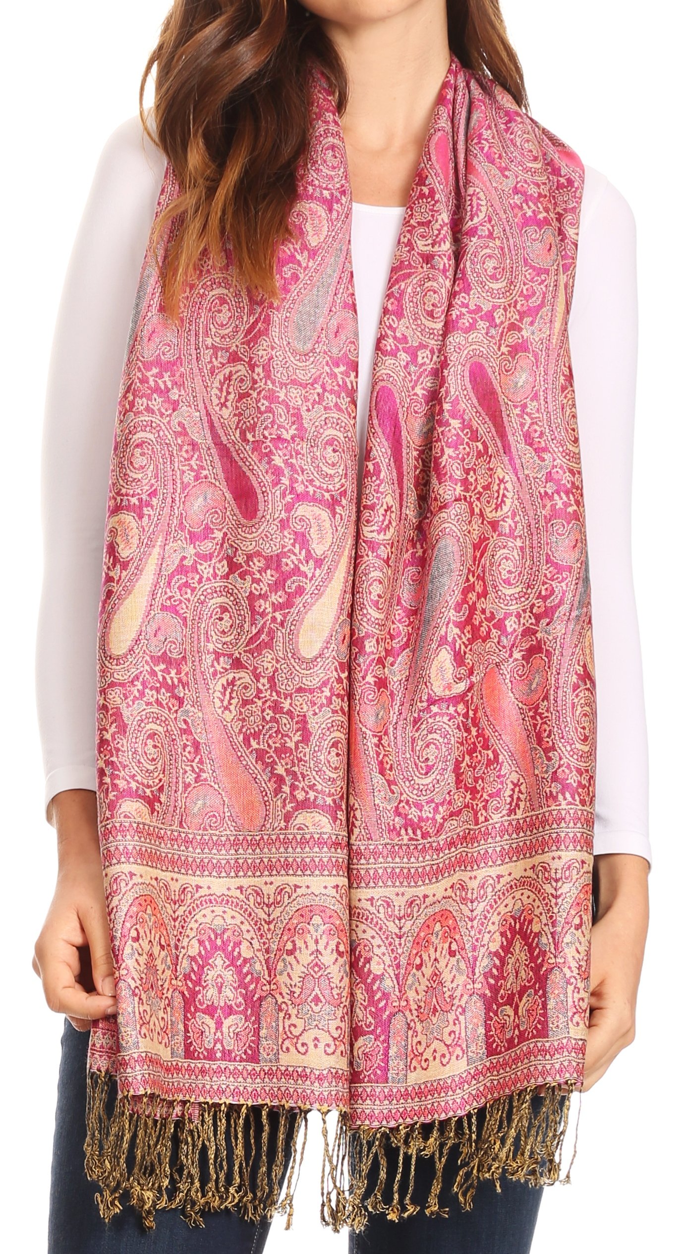 Sakkas Women's Red / Beige 16125 - Kalin Long Wide Woven Patterned Fringe Tassel Pashmina Shawl/Scarf - Red/Beige - Os