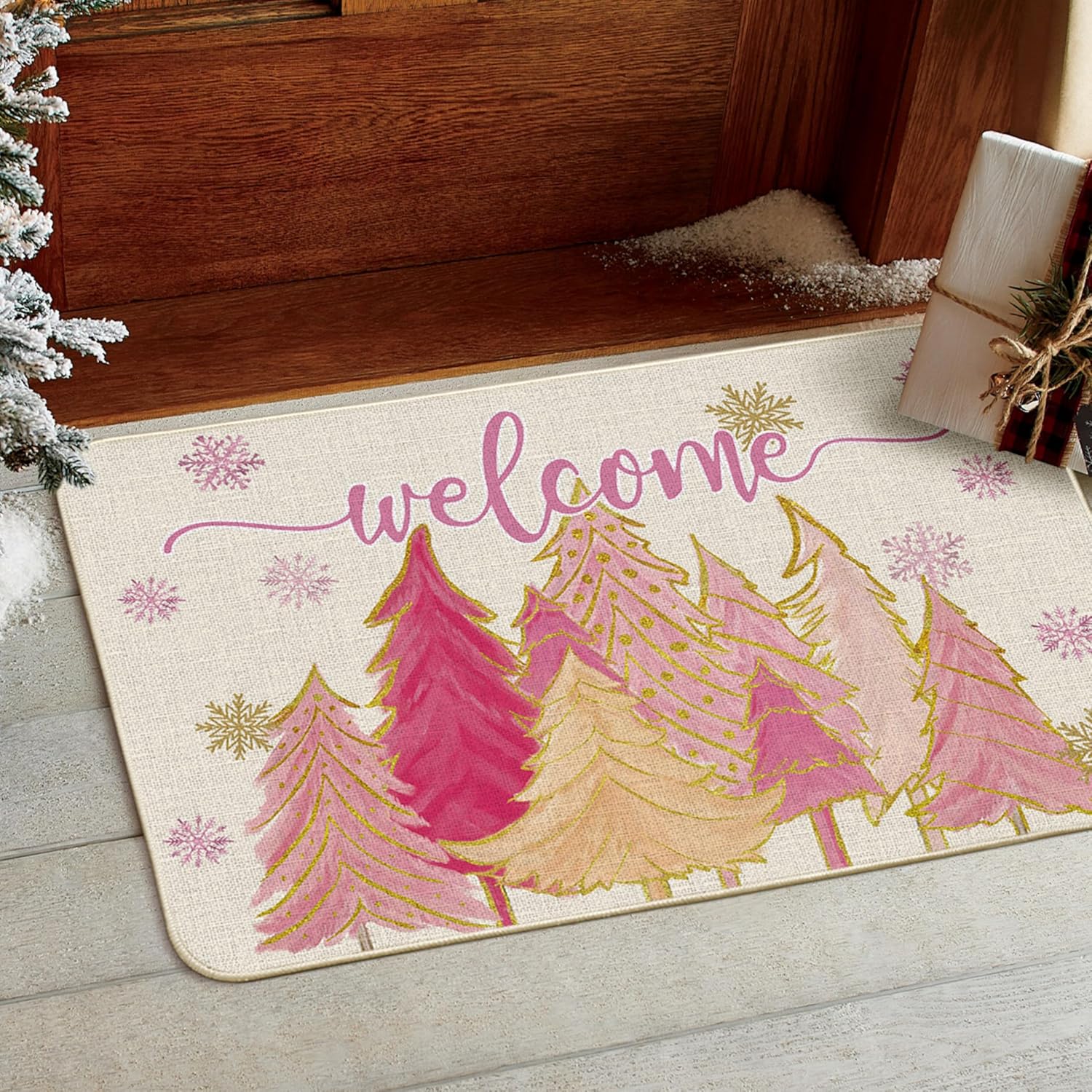 artoid mode pink tree snowflak christmas in july welcome doormat, winter home decor low-profile switch rug door mat floor mat for indoor outdoor 24x35 inch 24" x 35" pink