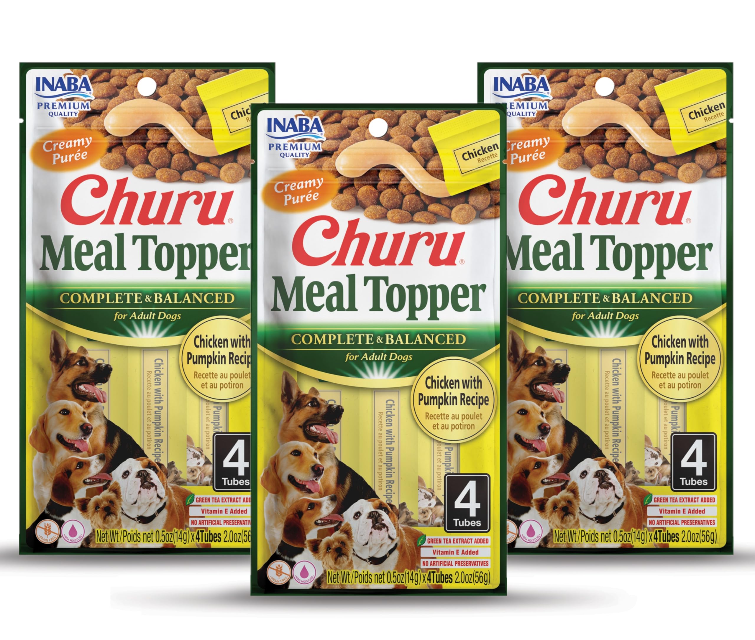 INABA Churu Meal Topper for Dogs, Complete &amp; Balanced, Creamy, Lickable Purée Dog Food Toppers, 1.69 Ounce Tube, 9 Tubes (3 per Pack), Chicken with Pumpkin Recipe