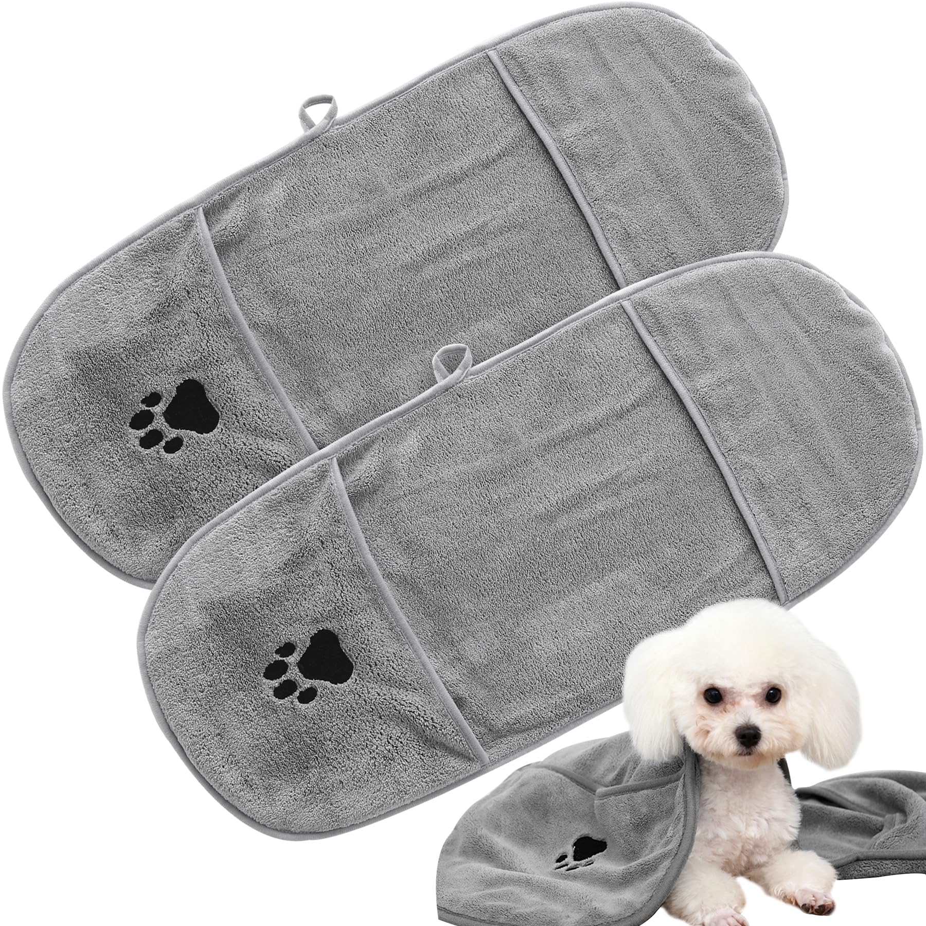 Toalla de microfibra para perro, súper absorbente, paquete de 2 toallas de baño de 27 x 11 pulgadas para todos los perros y gatos con estampado bordado de patas (gris, 22 x 11 pulgadas)