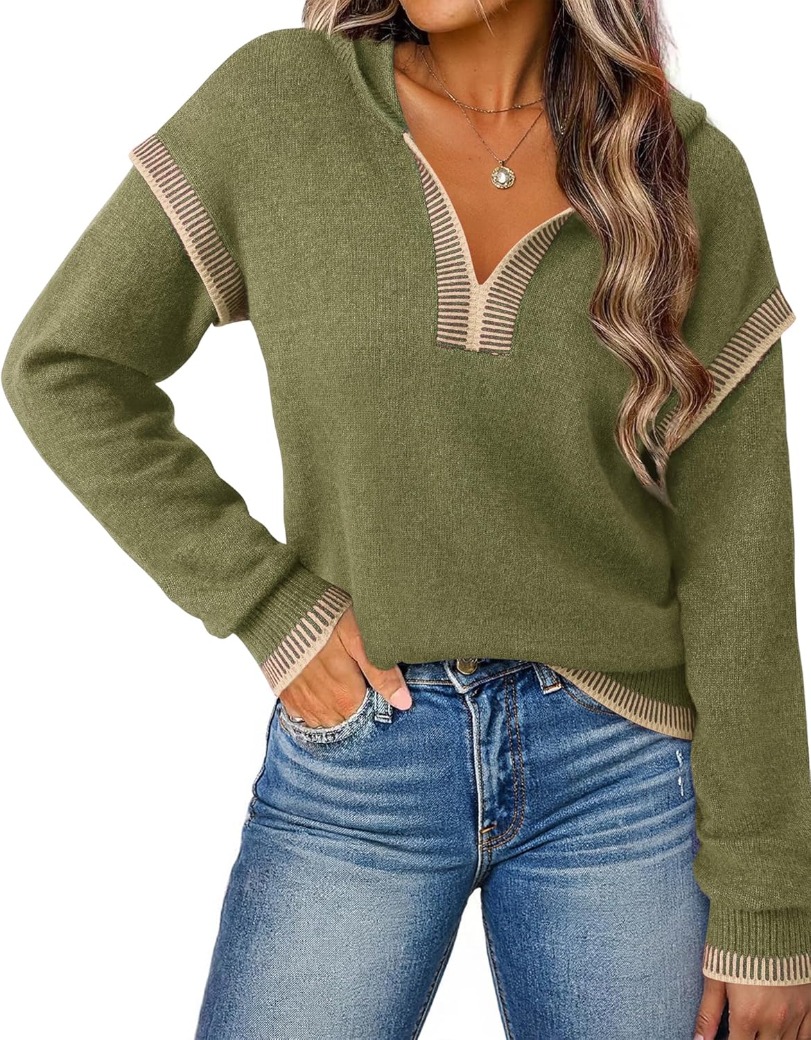 VALOLIA Sweaters for Women Fall Long Sleeve V Neck Casual Pullover 2025 Winter Trendy Knit Hoodies