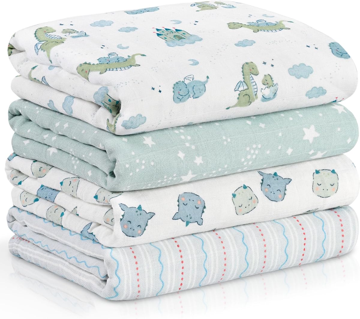 Muslin Swaddle Blankets for Newborn, Cotton Receiving Blanket | 4 Pack 100% Cotton Soft Breathable Baby Blanket, Essentials Swaddle Wrap Burp Cloths, Large 31.5 x 43.3 inch, Blue Dinosaur