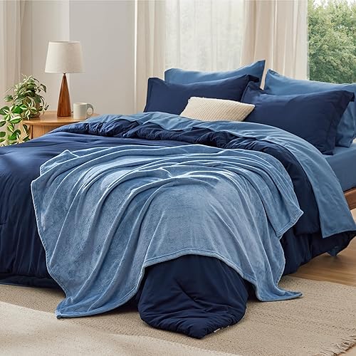Bedsure Full Comforter Set Navy Blue, 8 Pieces Prewashed Full Size Bed in a Bag with Soft Fleece Bed Blanket, Down Alternative Bedding Set for All Seasons, Sheets, Pillowcases & Shams