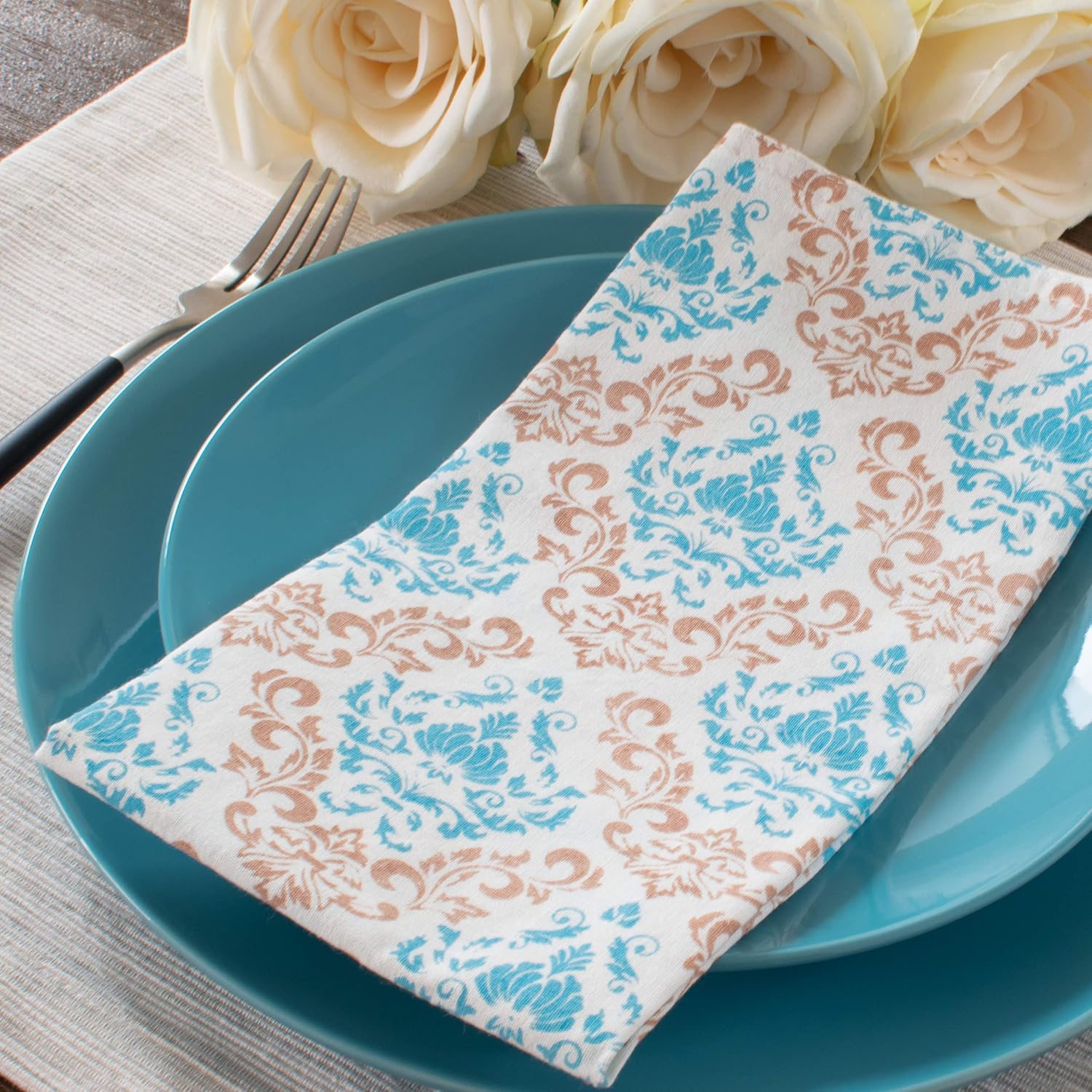 The White Petals Turquoise Table Cloth Napkins -(20X20 inch) Properly Finished | No Fray Edges | for Home, Kitchen, Dining Room (Damask Print, 100% Cotton, Pack of 6)