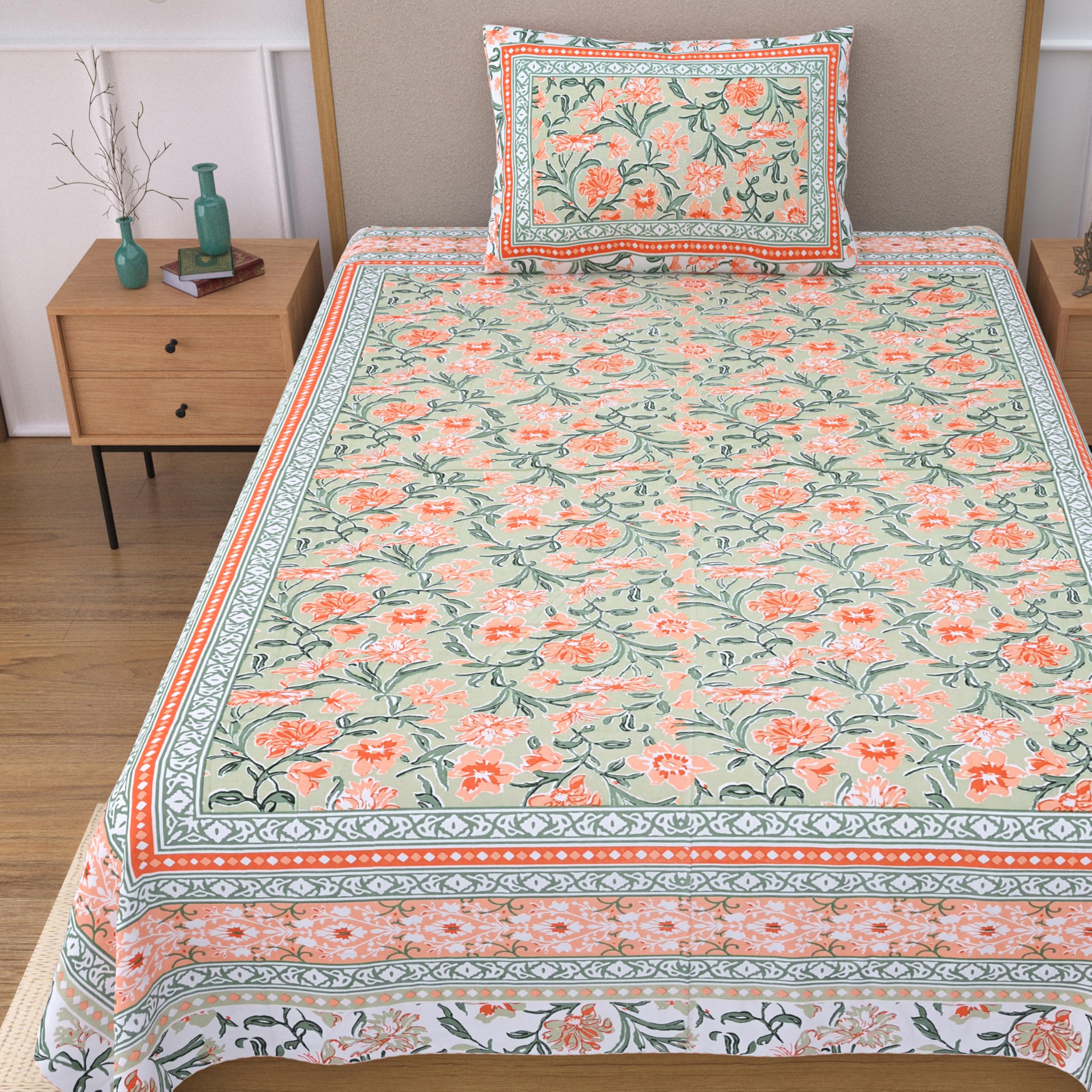 100% Pure Cotton Jaipuri Bedsheet with Pillow Covers | Soft & Breathable Fabric | Traditional Floral Print | Cotton Bedsheet (Orange 2, Single)-image-26