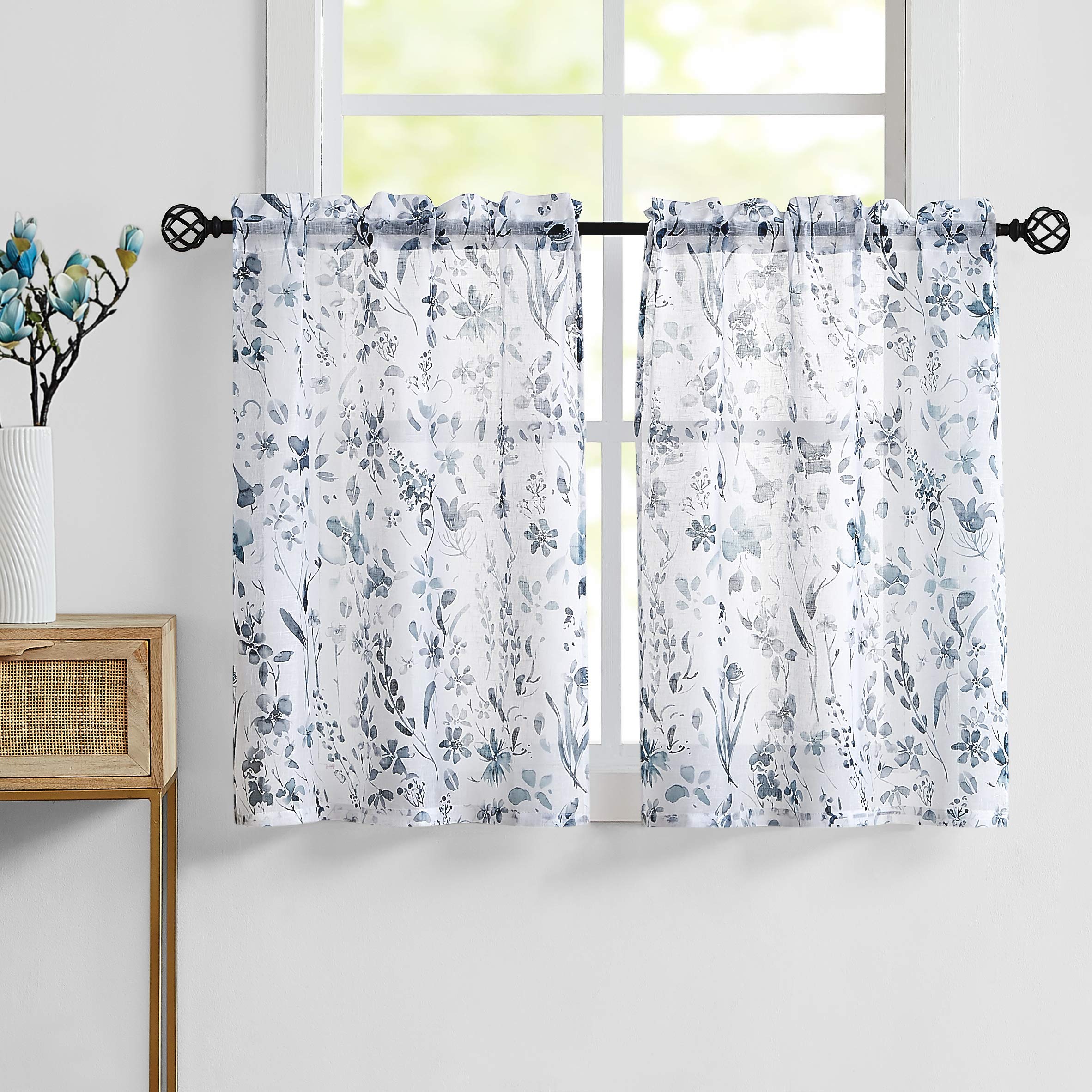 Fragrantex Dusty Blue Morning Glory Flower Print Tier Curtains 45 inch Length for Kitchen/Travel Trailer Linen Texture Fabric, Rustic Farmhouse Style, 28" W x 45" L/Panel, Rod Pocket
