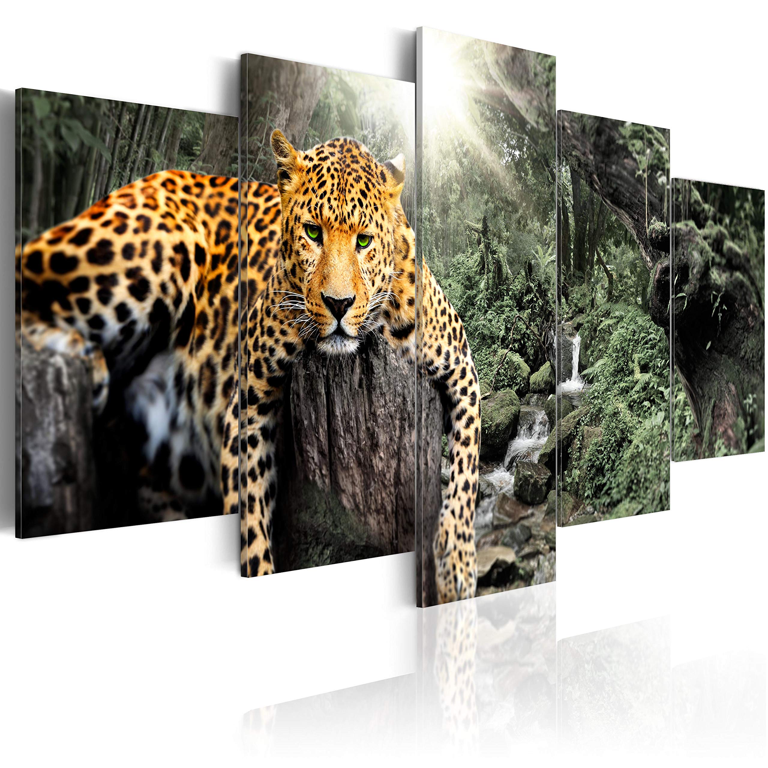 Cuadros B&D XXL - Cuadro en Lienzo Selva 150x75 cm 5 piezas - Impresión en material tejido no tejido cuadros decoracion salon modernos lienzos decorativos dormitorios - Animales Leopardo g-C-0031-b-o
