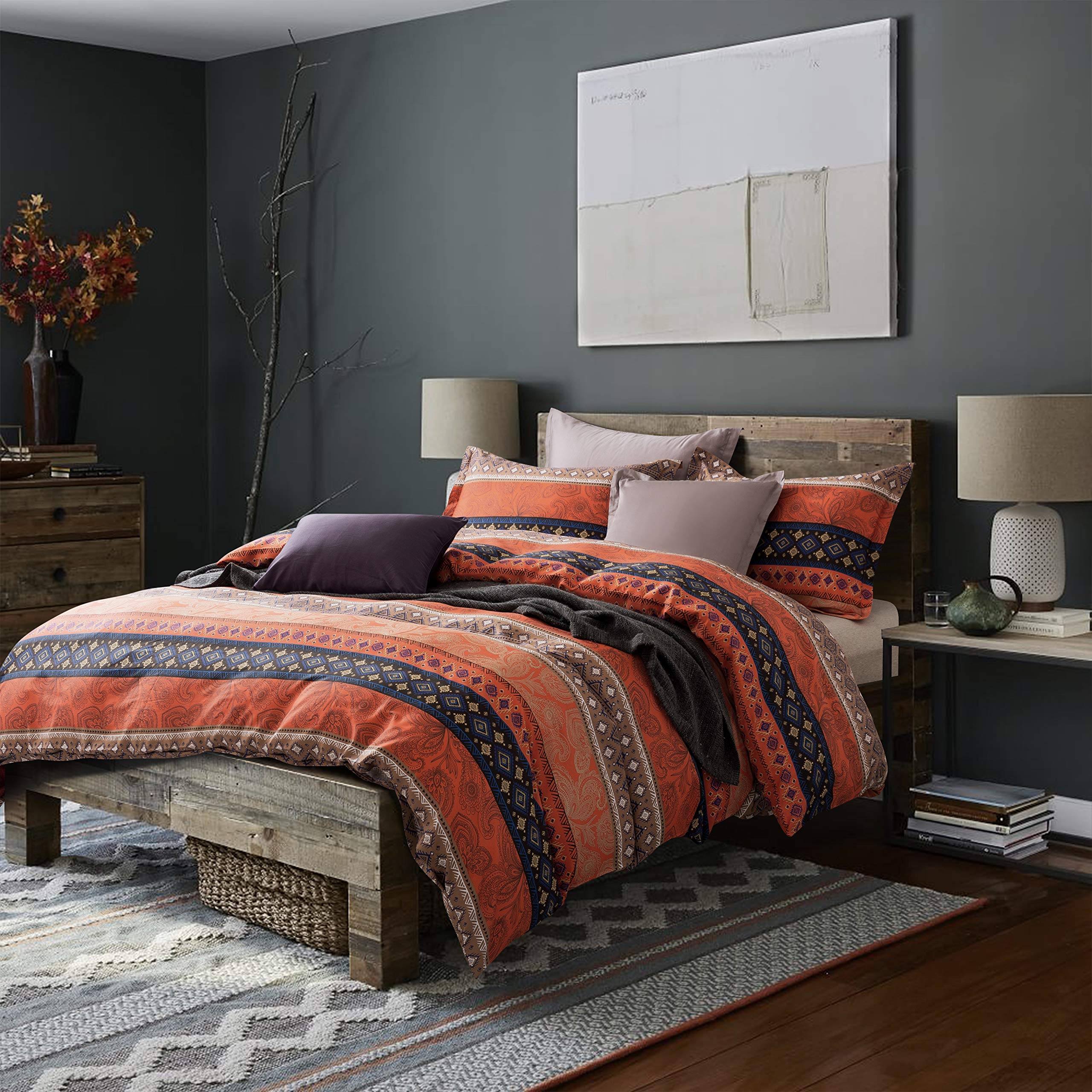 Bohemian Duvet Cover Striped Ethnic Boho Reversible Southwestern 400TC Cotton King Size Bedding 3pc Set Navy White Orange Modern Geo Aztec Print (Super King)