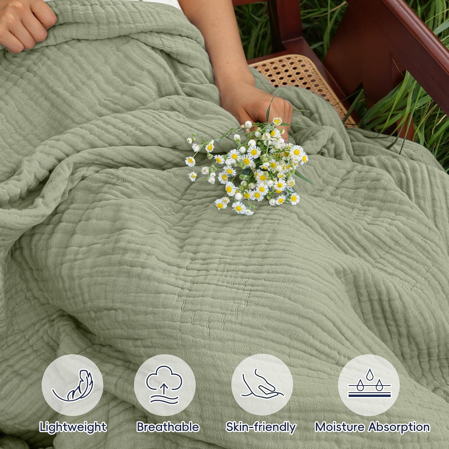 PHF Cooling Muslin Blanket Queen Size 90"x80", 6-Layer Lightweight Gauze Blanket Made from 35% Rayon Derived from Bamboo & 65% Cotton, Breathable & Ultra Soft Cozy for Hot Sleepers, Tea - Image 2