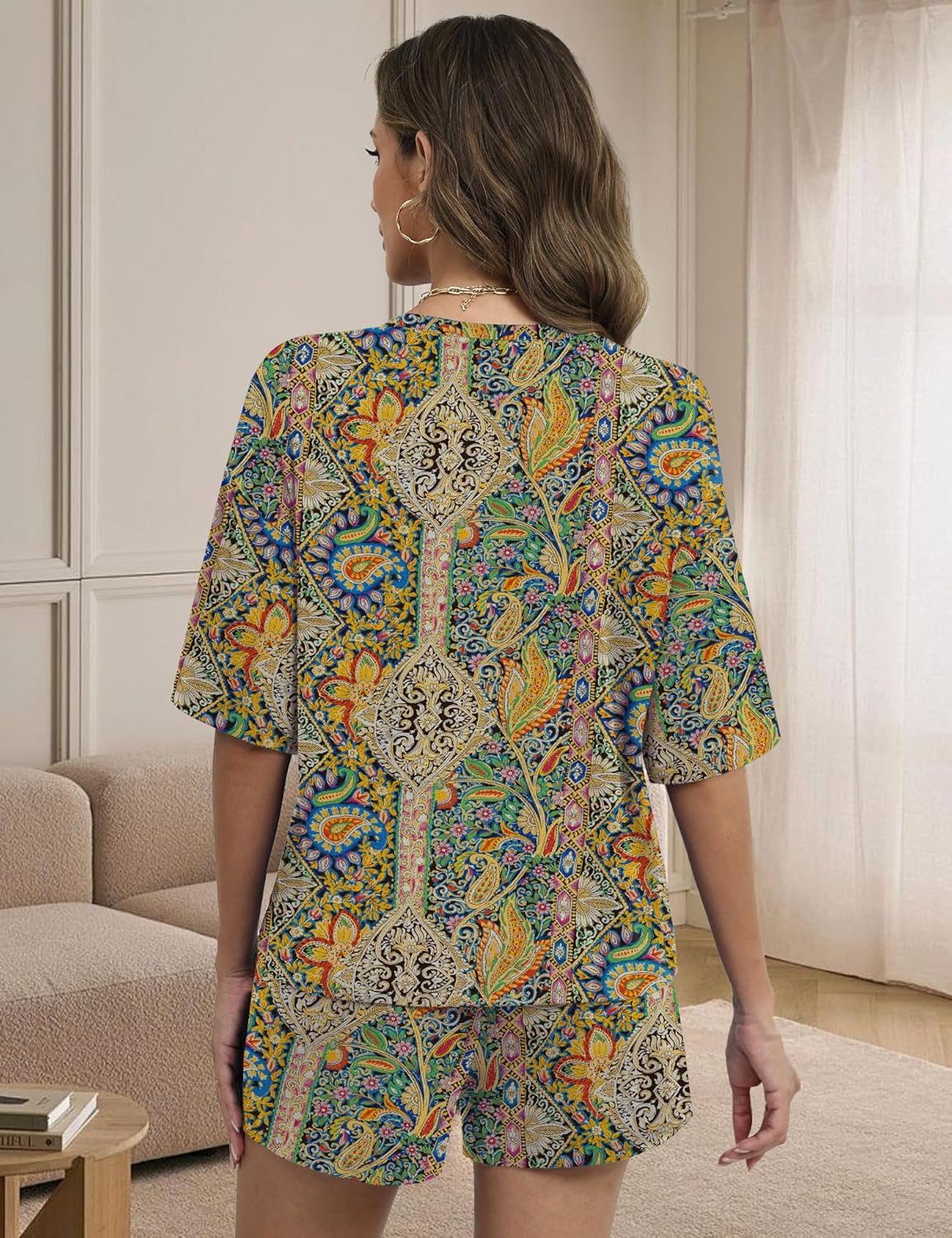 LOMON Two Piece Sets for Women Summer 3/4 Sleeve Tops and Elastic Waist Shorts Pajamas Cute Comfy Soft Lounge Striped Pjs - Image 2