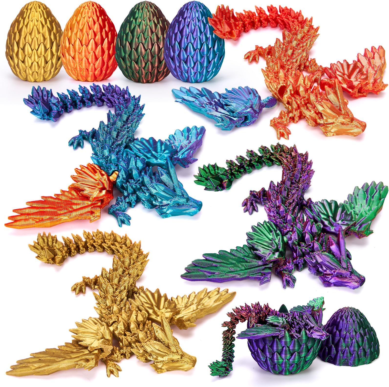 TBOLINE 4 Pack 3D Printed Dragon with Wings and Egg, Cool Flexible Articulated Crystal Animals Fidget Toy, Surprise Egg with Flying Dragon Inside for Kids, Boys and Girls (Colorful Set B - 4 Pack)