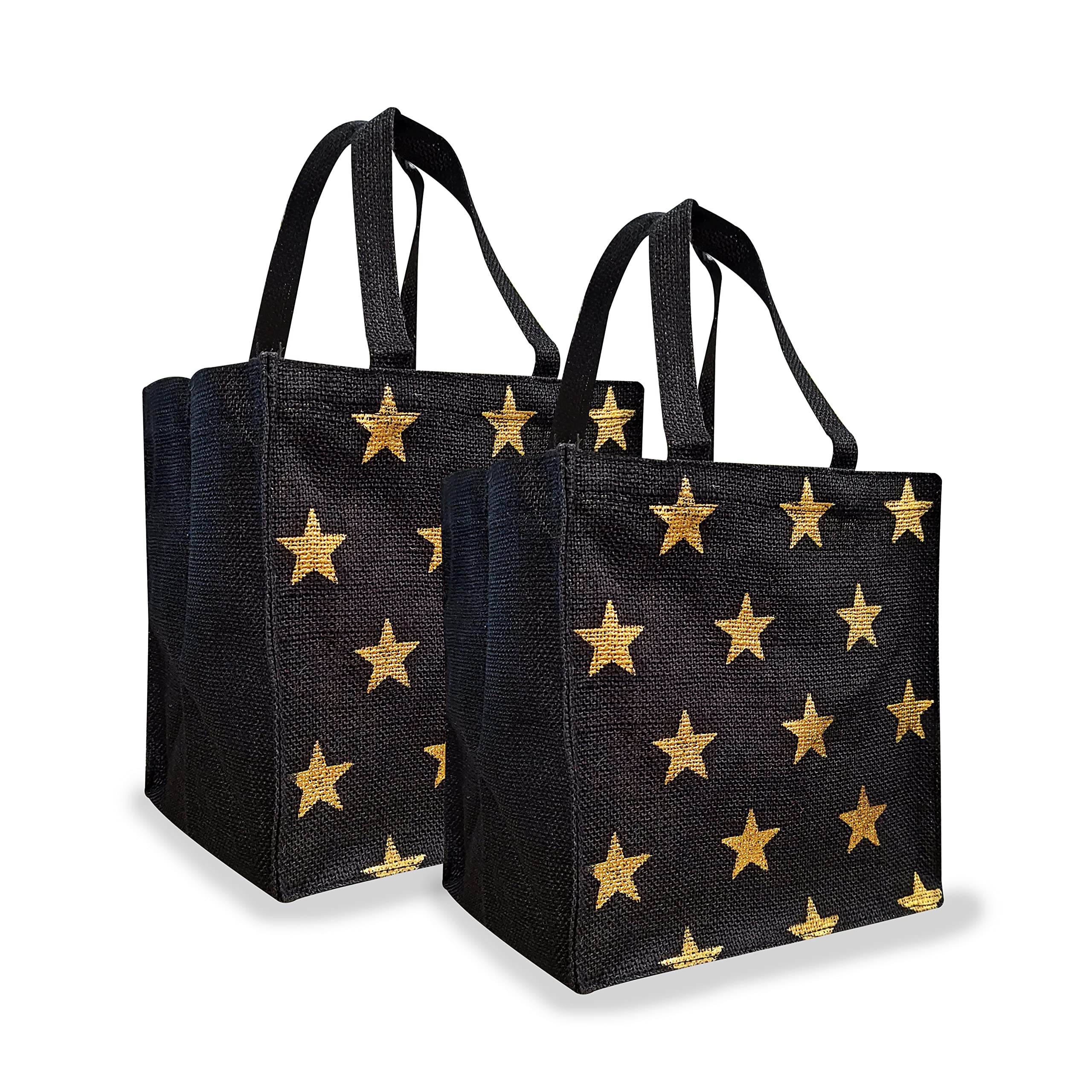 EARTHBAGS Gold Star Jute Gift Bag (Pack of 2) - Black