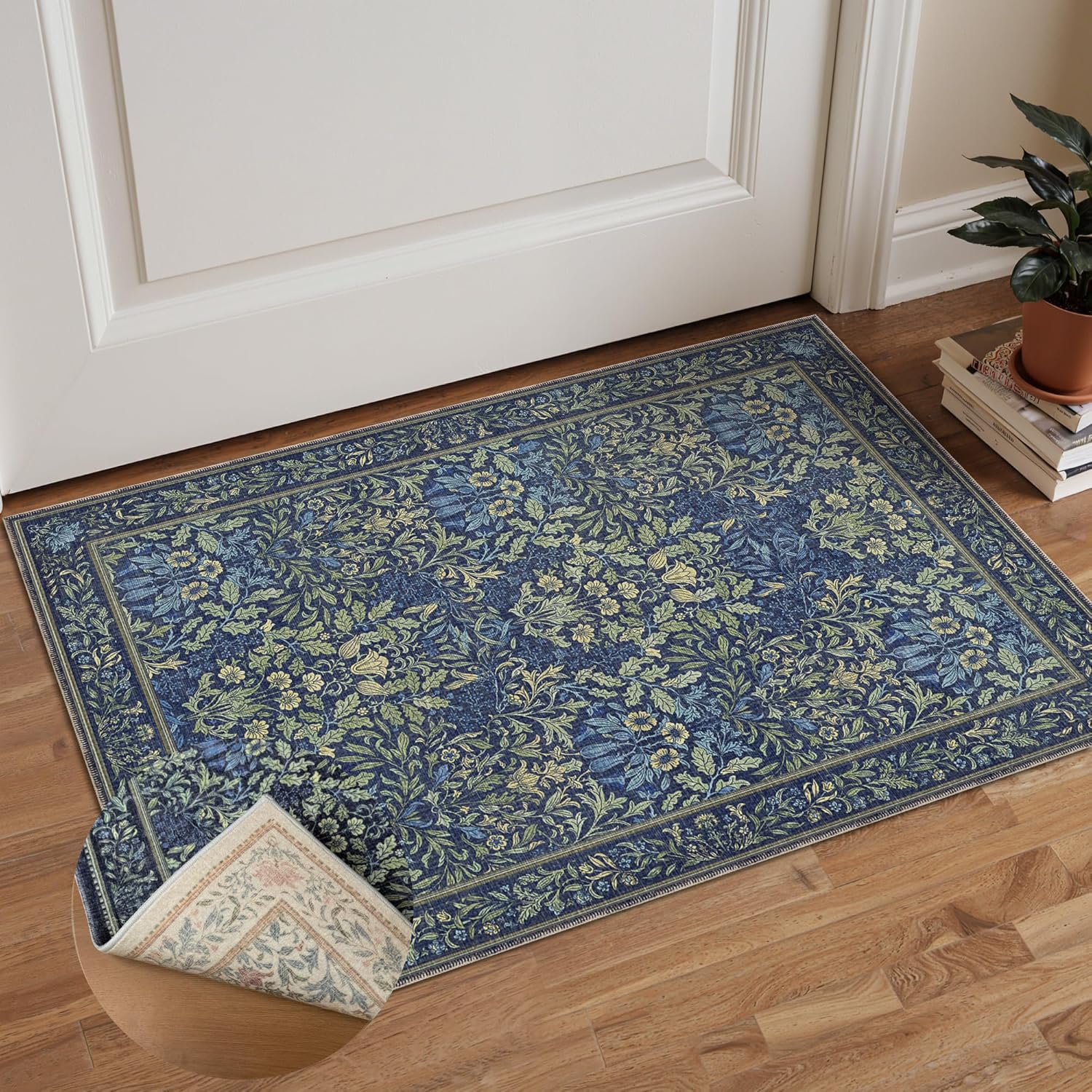 GENIMO Washable Small Reversible Rug 2x3, Low-Pile Non-Slip Kitchen Mat, Small Entryway Rug for Front Door Entrance, Hallway, Bathroom, Vintage Boho Floral Indoor Decor, Beige/Navy