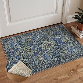 GENIMO Washable Small Reversible Rug 2x3, Low-Pile Non-Slip Kitchen Mat, Small Entryway Rug for Front Door Entrance, Hallway, Bathroom, Vintage Boho Floral Indoor Decor, Beige/Navy