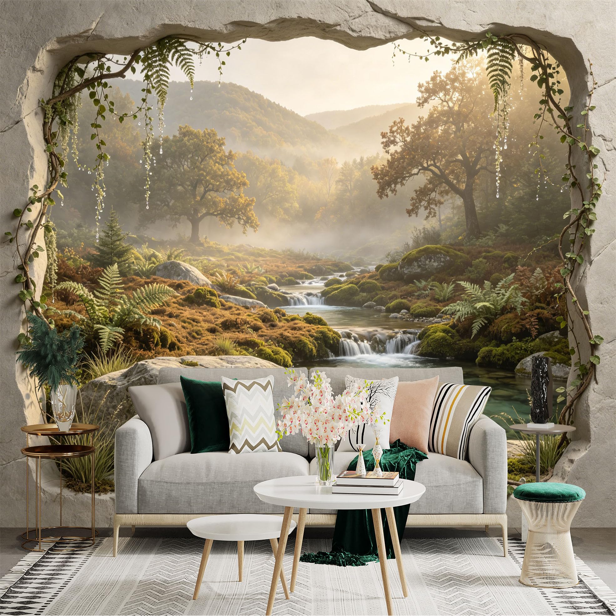 Custom Size Wall Sticker Mural， Scenic Forest Stream with Waterfall， Mossy Rocks and Morning Mist， for wall Decoration， peelandstick wall Decals.