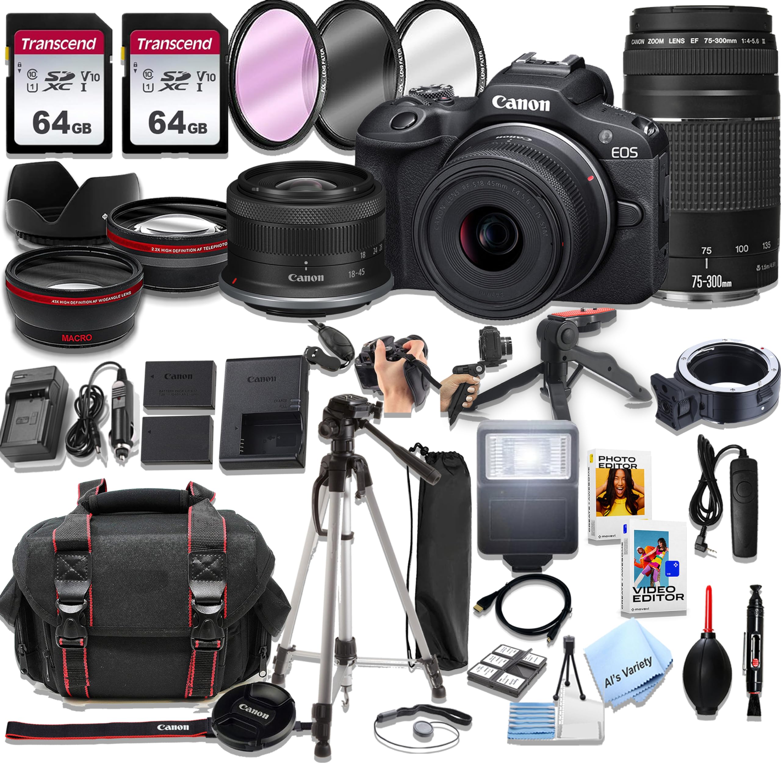 Canon EOS R100 Mirrorless Camera18-45mm and 75-300mm Lenses + 128GB Memory, Spare Battery, Filters,Case, Tripod, Flash, and More (43pc Bundle)