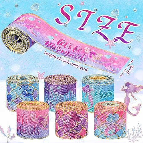 Miniatura 2 de 6 rollos de cintas de arpillera de sirena de 30 yardas, cinta de sirena impresa con alambre, cinta de lentejuelas láser de colores, cinta de