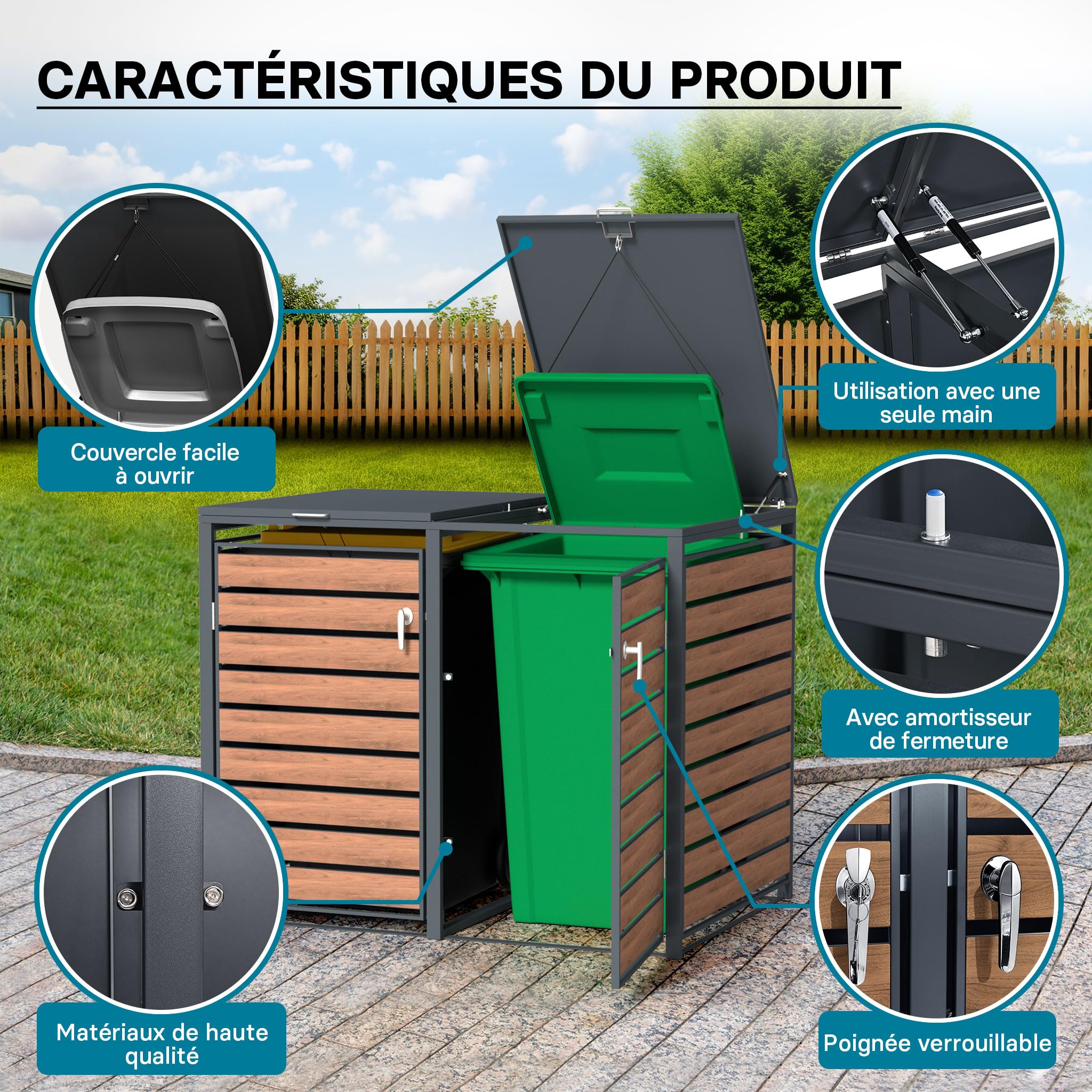 Wiltec Abri de Poubelle Double – 1420 x 980 x 1160 mm – pour Deux poubelles de 60 à 240 L – Design Bois – en Acier – avec Couvercle à carnière – Range Coffre Poubelle verrouillable
