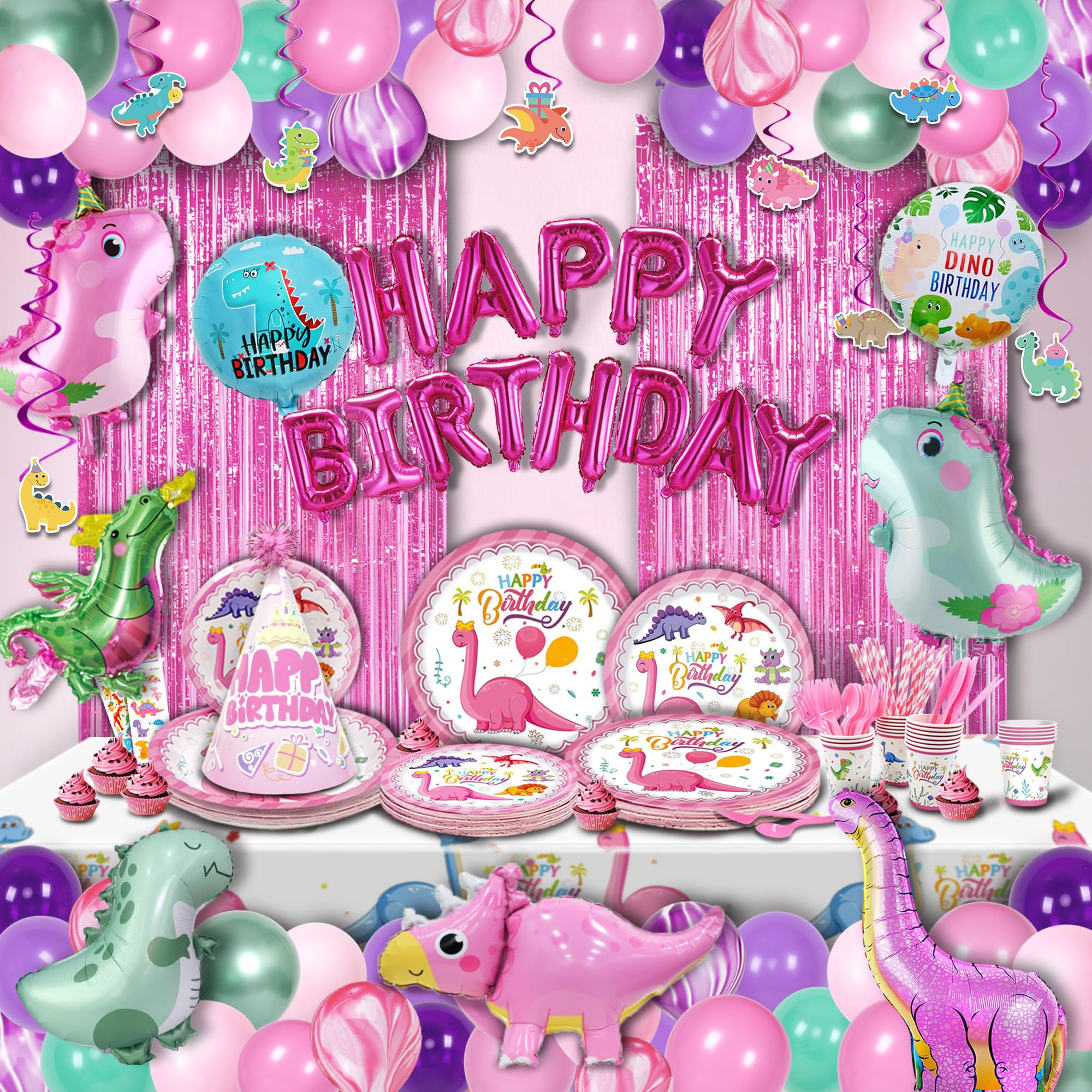 Party Spot! 150 pcs Dinosaur Birthday Party Supplies For Girls (Serves 12), Pink Dinosaur Party Decorations, 50 pcs Latex Balloons, 12 sets Tableware,