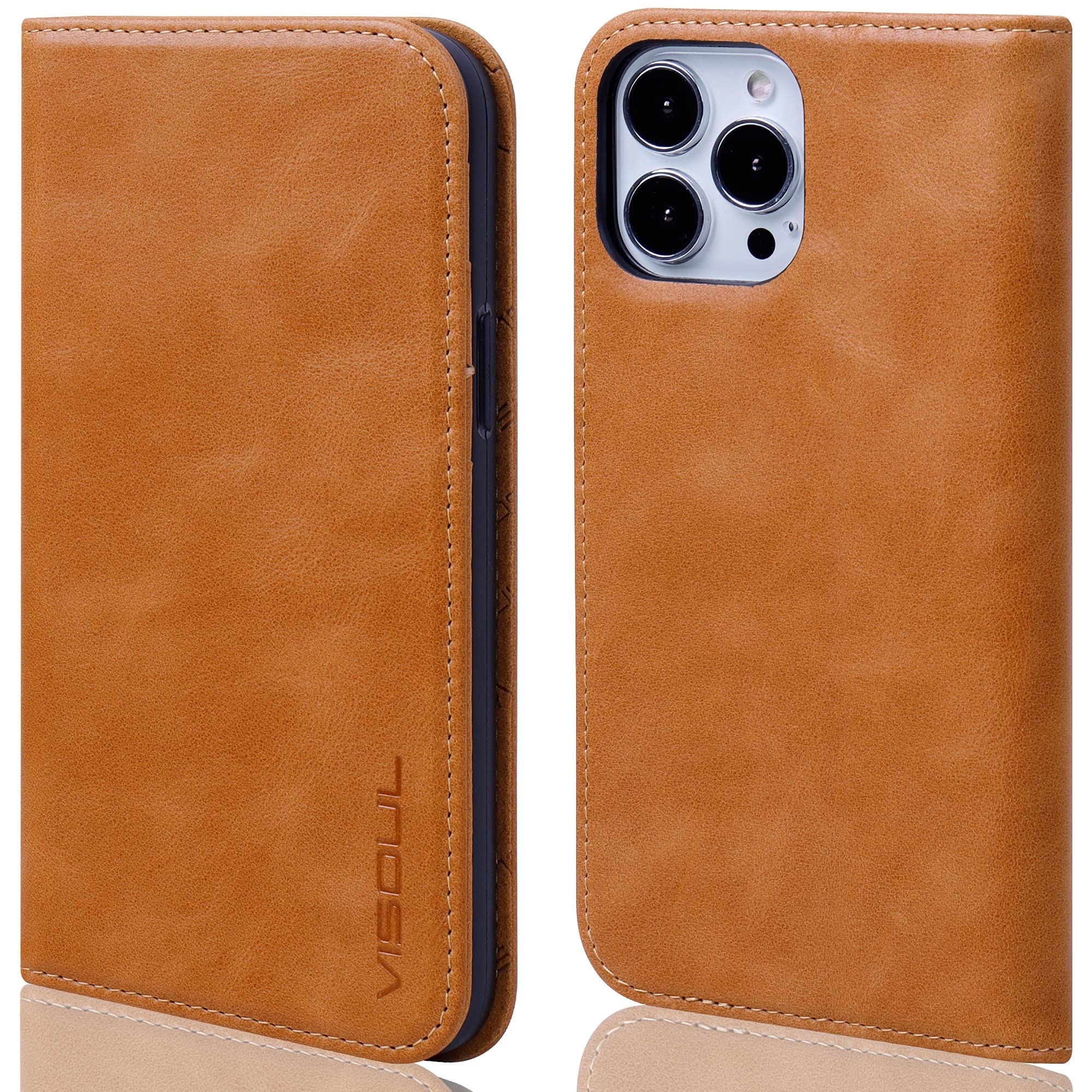 VISOUL Flip Case for iPhone 13 Pro Wallet Case, Magnetic Genuine Leather Case with Card Holder Stand RFID Blocking for Women and Men, Folio Cover Phone Case Designed for iPhone 13 Pro 6.1" (Tan)