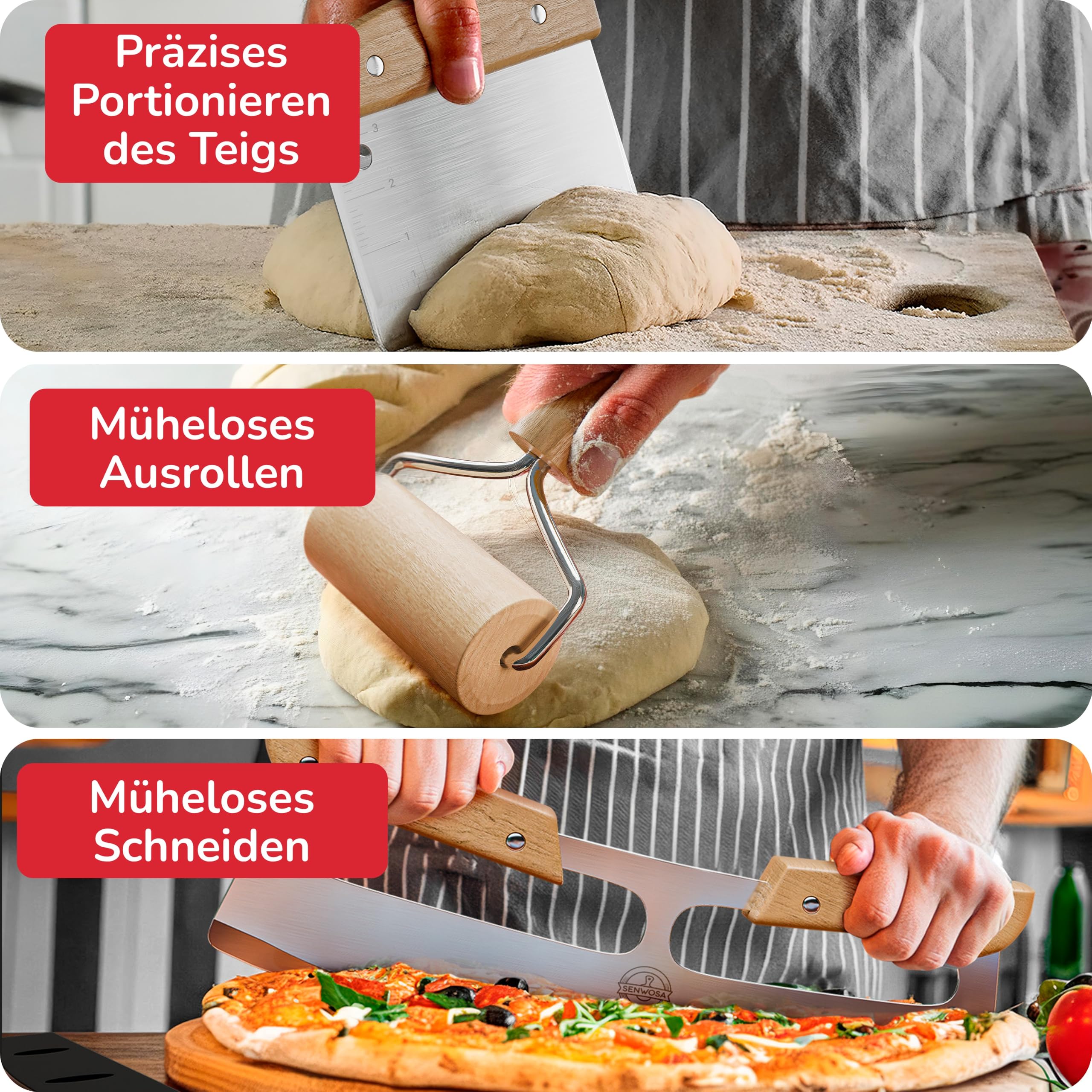 Senwosa Pizzaofen Zubehör Kit - Premium 6-teiliges Set für Zuhause Pizza Herstellung - Pizzaschieber, Backofen/Steinbürste, Pfannenwender/Bubble Popper, Cutter Rocker, Teigwalze, Teigschaber