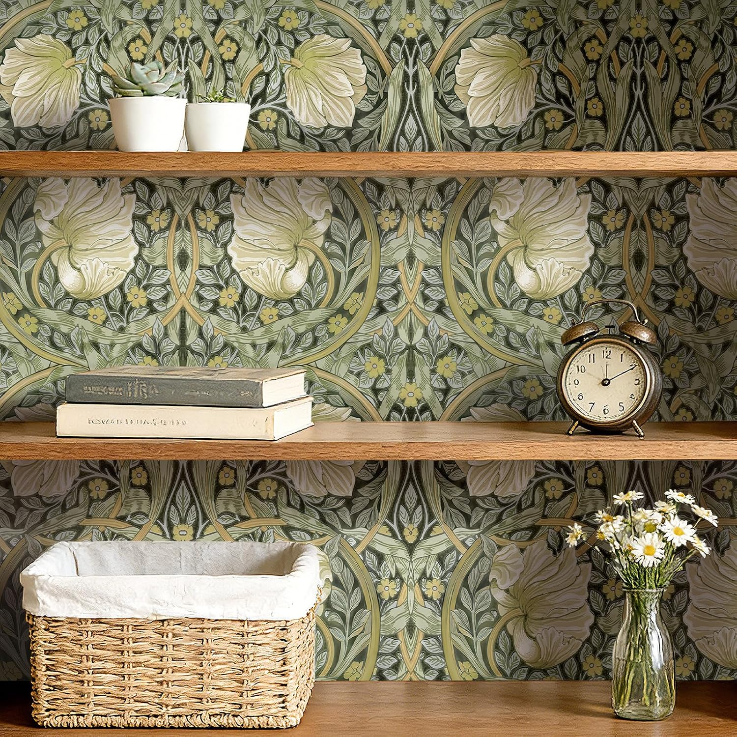 17.5x393 William Morris Floral Peel and Stick Wallpaper Botanical Wallpaper Green Floral Contact Paper William Morris Pimpernel Vintage Golden Lily Honeysuckle Flower Art Nouveau Removable