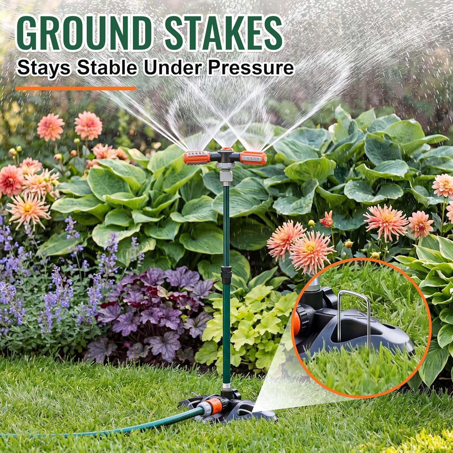 3-in-1 Sprinklers for Yard Large Area, Oscillating & Rotating Lawn Sprinkler with Adjustable 16–30" Elevated Riser, 360° Garden Water Sprinkler System for Lawn Irrigation