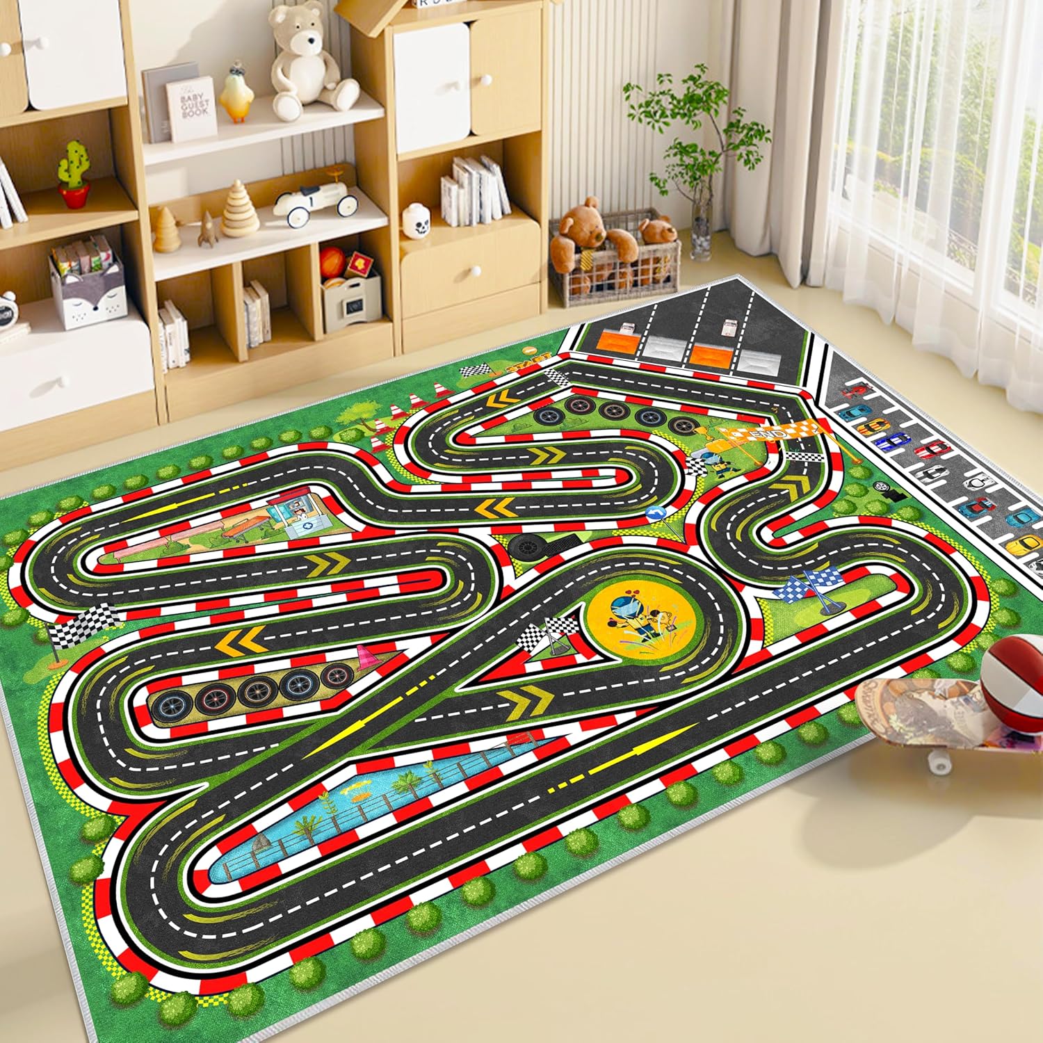 Kids Racing Rug 39''x59'' Car Road Kid Rug Carpet Playmat for Playoom Traffic Road Kid Play Mat for Bedroom，Kids Educational City Traffic Road map Fun Carpet (Green)