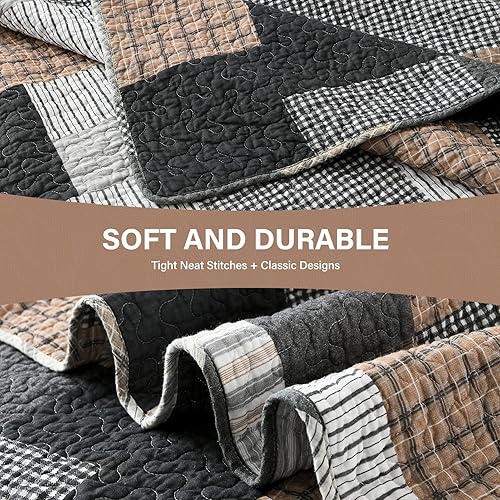 Vista 46 de SahSahCasa Juego de edredón tamaño King, juego de edredón de 100% algodón, colcha de retazos, colcha rústica ligera a cuadros para cama King, beige