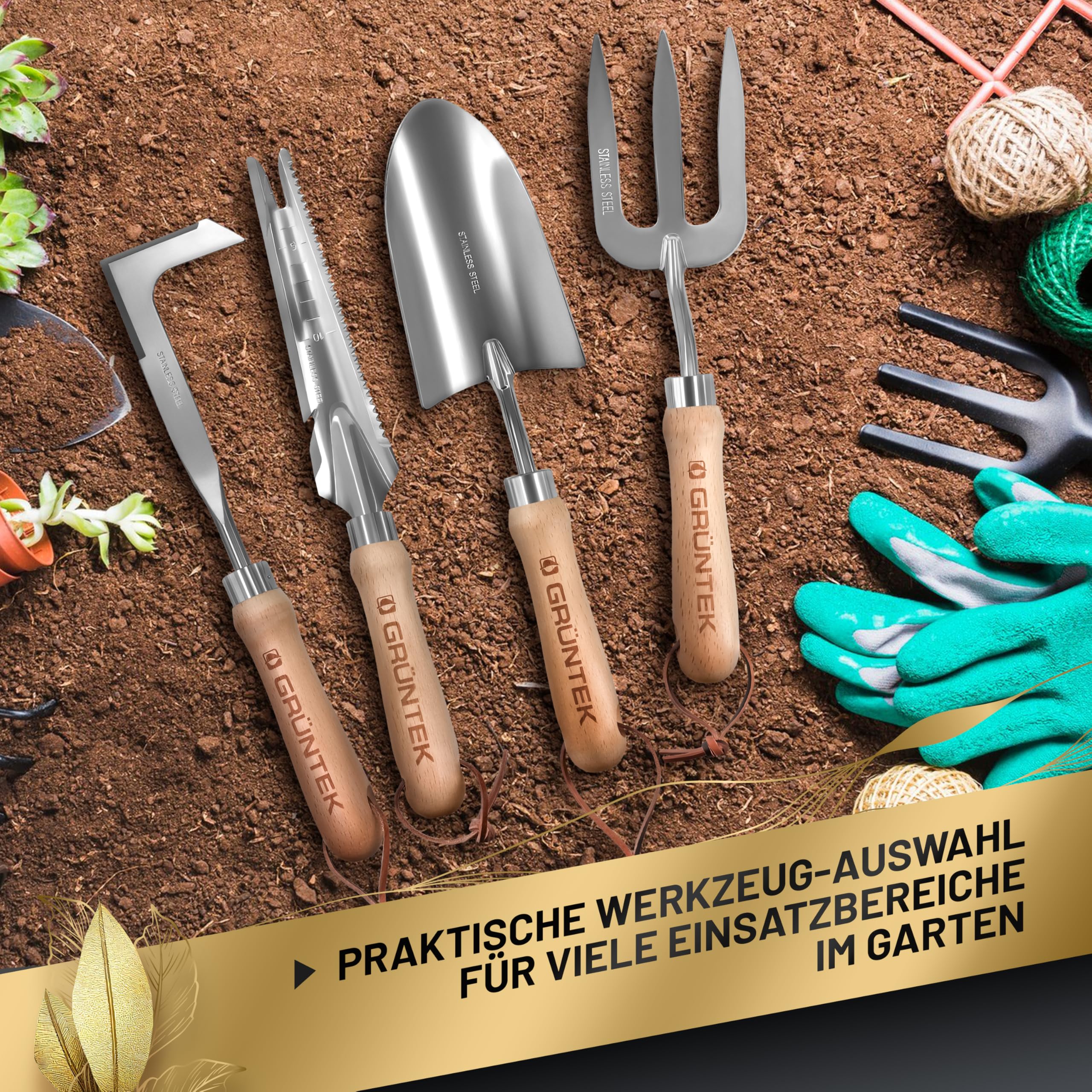 GRÜNTEK 4-TLG Gartenwerkzeug-Set, Premium Gartengeräte, besonders Stabiler Edelstahl, Rutschfester Eschenholz Griff, Garten-Kelle, Gabel, Multi-Unkrautjäter, Fugenstecher, Garten Werkzeug Satz