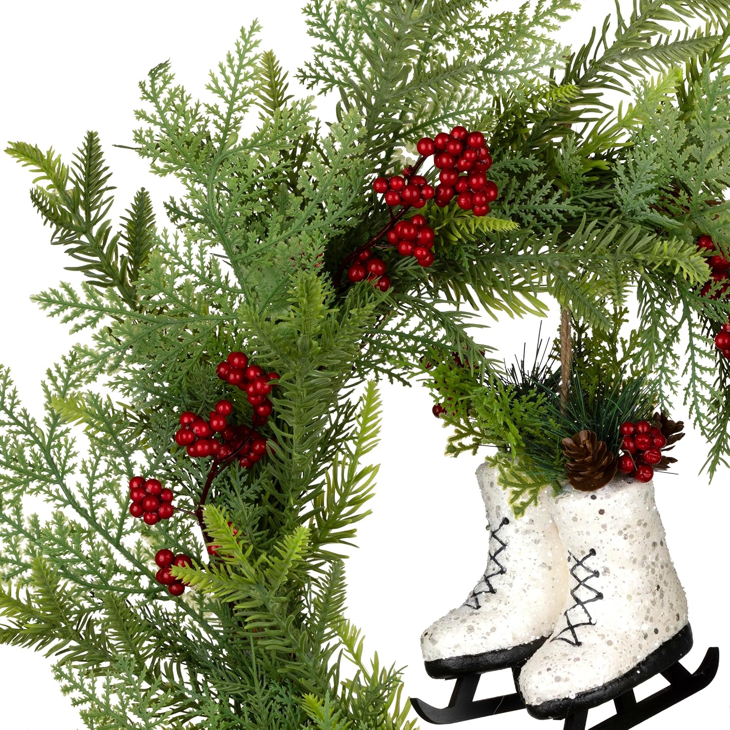 National Tree Company Artificial Christmas Wreath, Green, Winter Skates, Red Berries, White Glittered Ice Skates, 22 inch