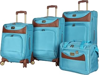Castaway Designer Luggage - 4 Piece Softside Expandable Lightweight Spinner Suitcases- Travel Set includes Tote Bag, 20-Inch Carry on, 24 Inch and 28-Inch Suitcases (Light Blue)